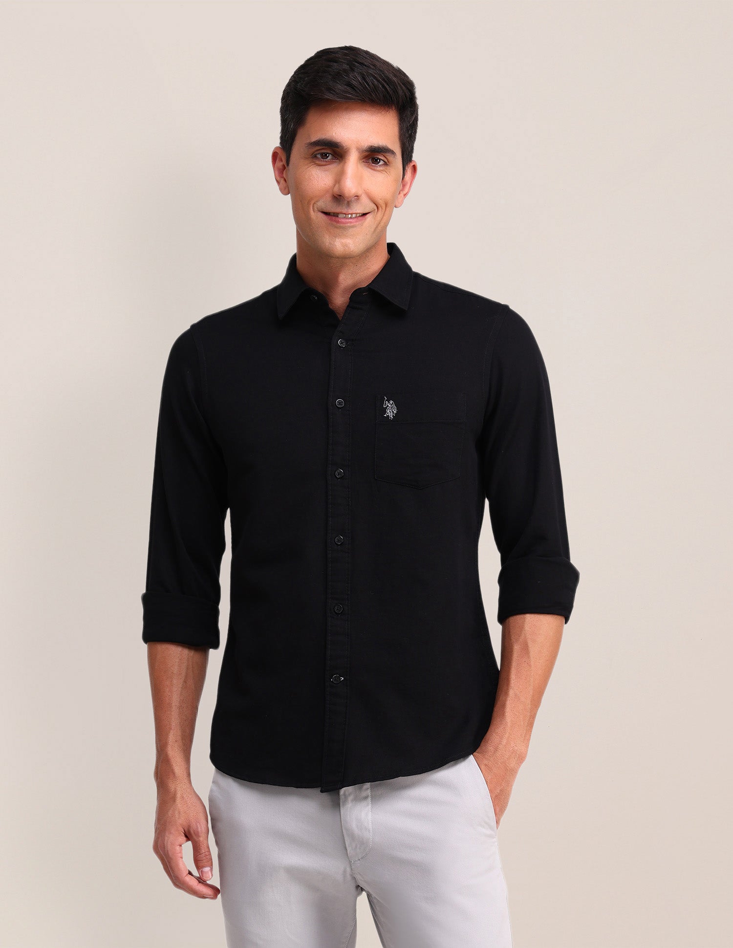 Solid Pattern Dobby Shirt Black - U.S. Polo Assn. India | Large