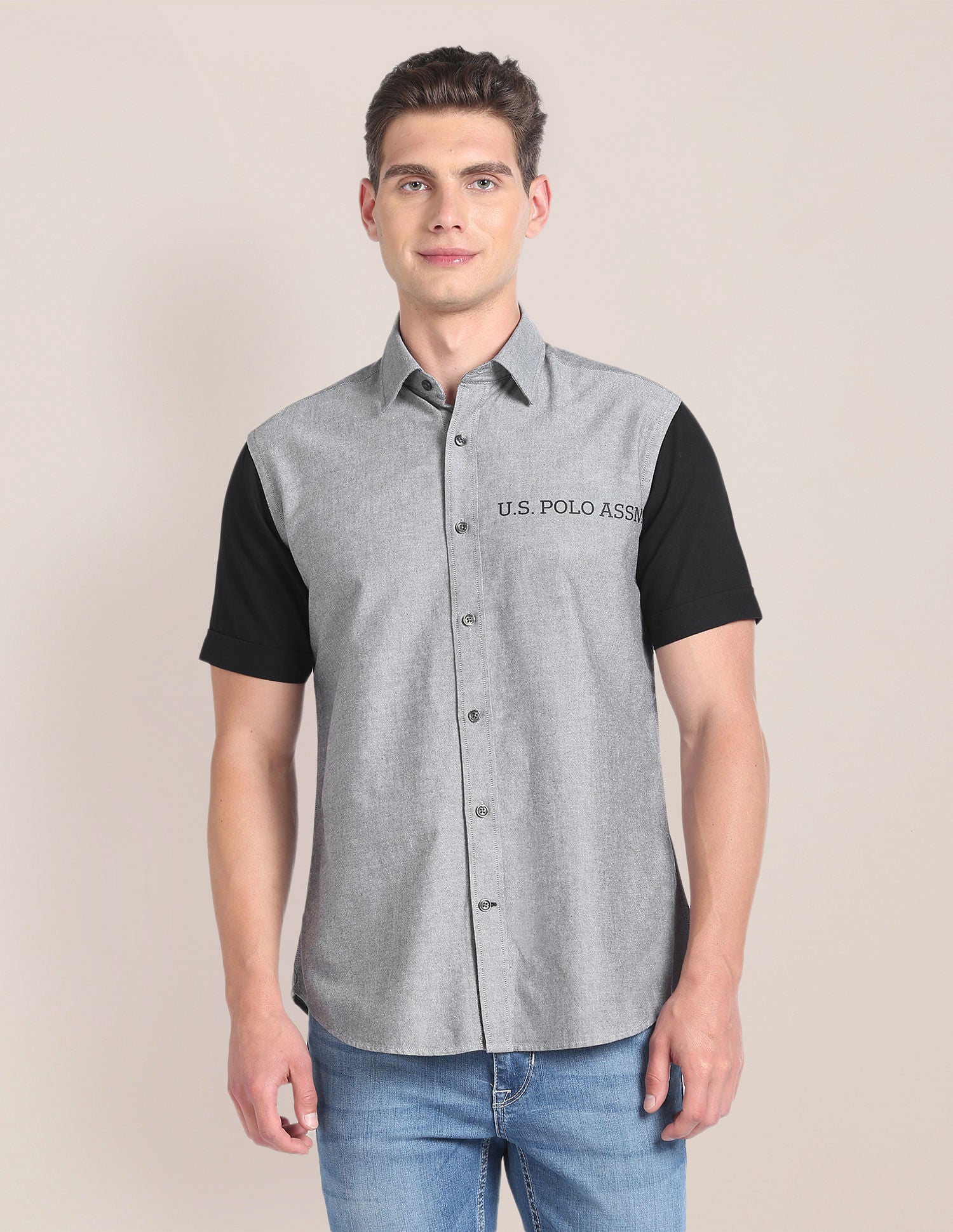 Colour Block Cotton Shirt Grey - U.S. POLO ASSN. | Large