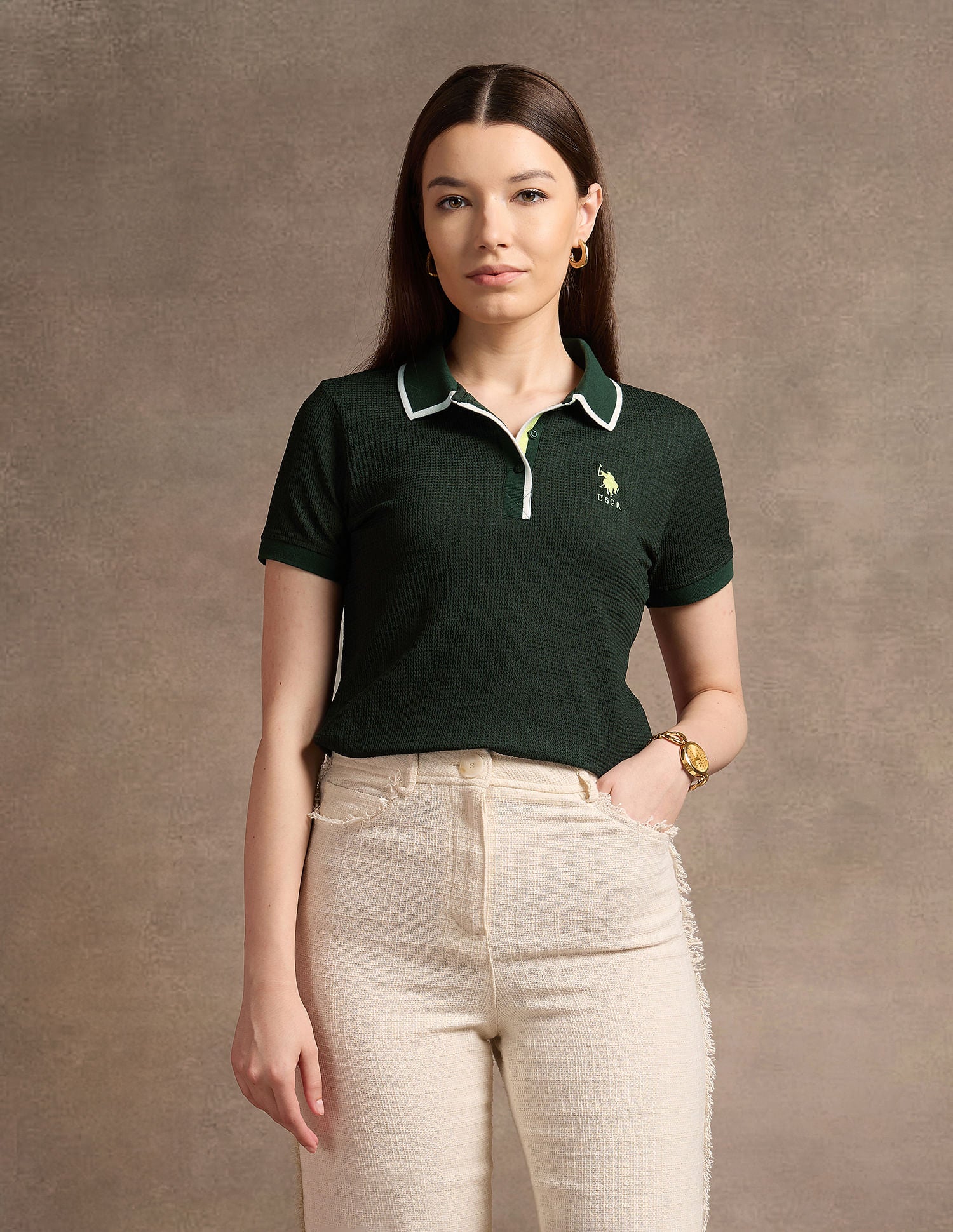 Tipped Collar Textured Polo Shirt Green - U.S. POLO ASSN. | Large