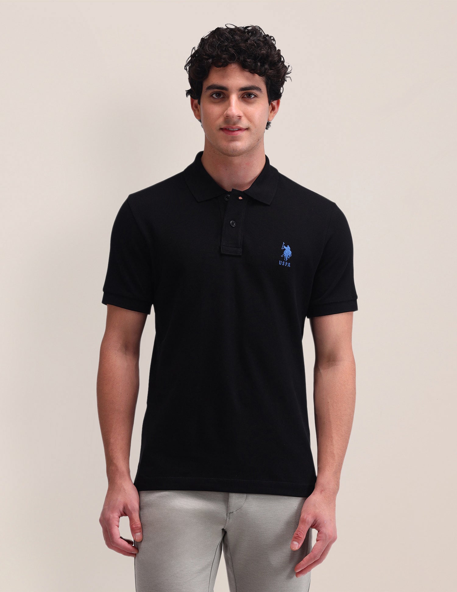 Solid Cotton Slim Fit Polo Shirt Black - U.S. Polo Assn. India | Large