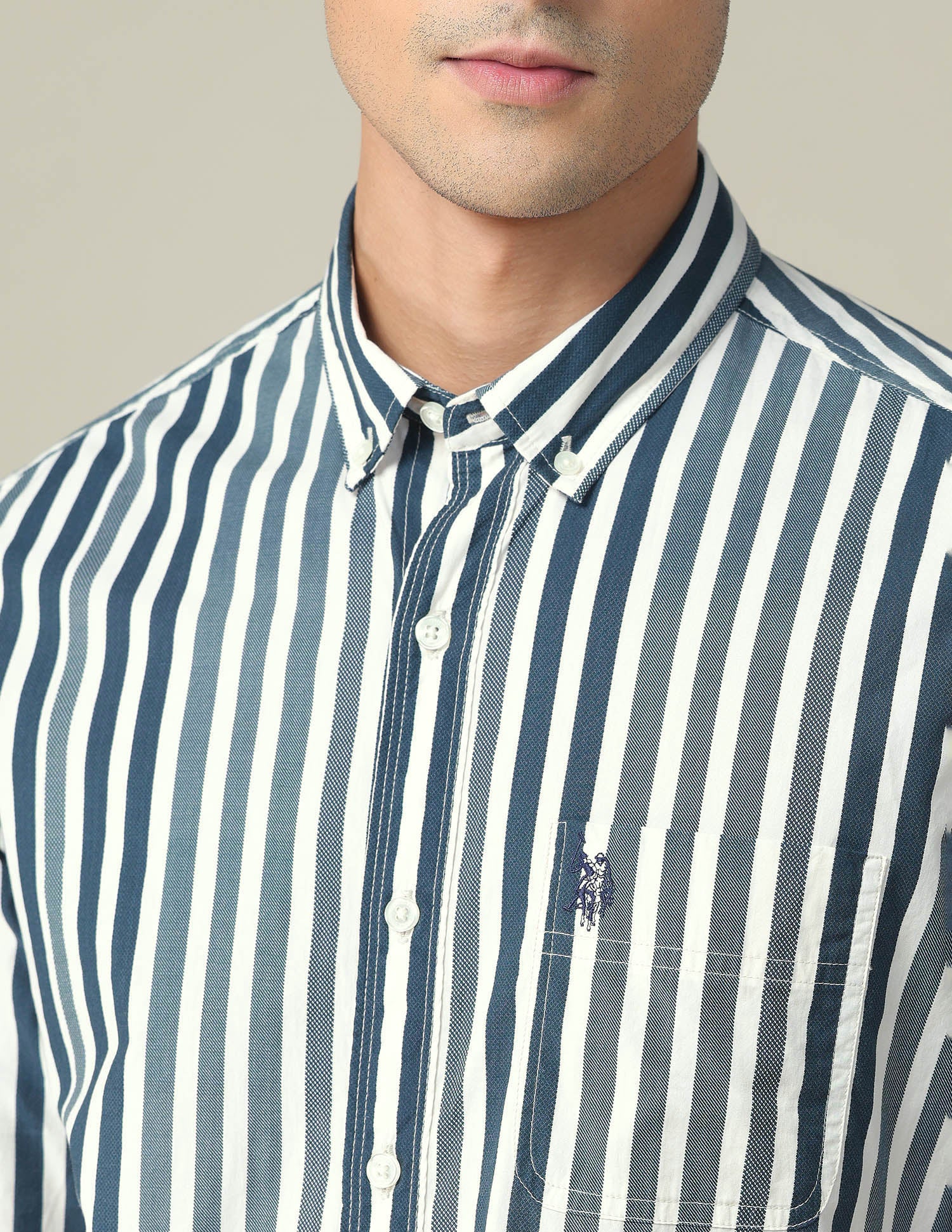 Vertical Stripe Slim Shirt Green and White - U.S. POLO ASSN. | Large