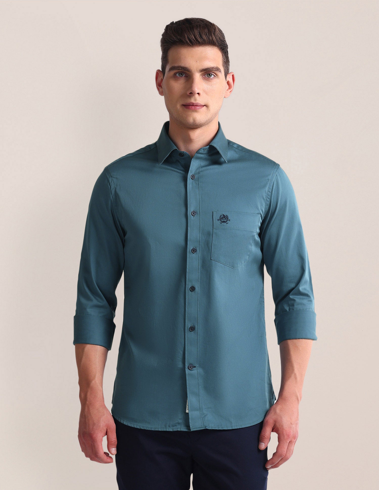 Regular Fit Solid Cotton Casual Shirt Teal - U.S. Polo Assn. India | Large