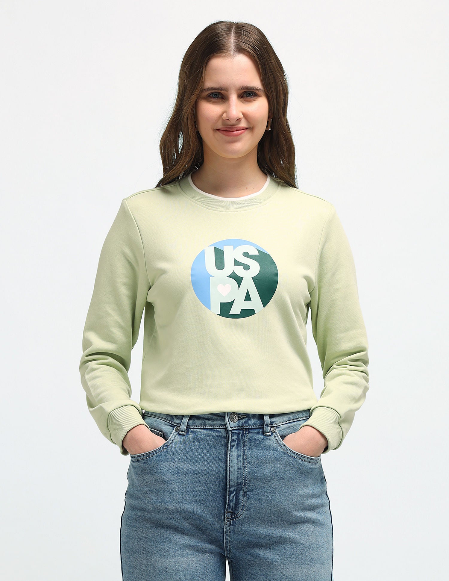 Crew Neck Brand Print Sweatshirt Light Green - U.S. POLO ASSN. | Large