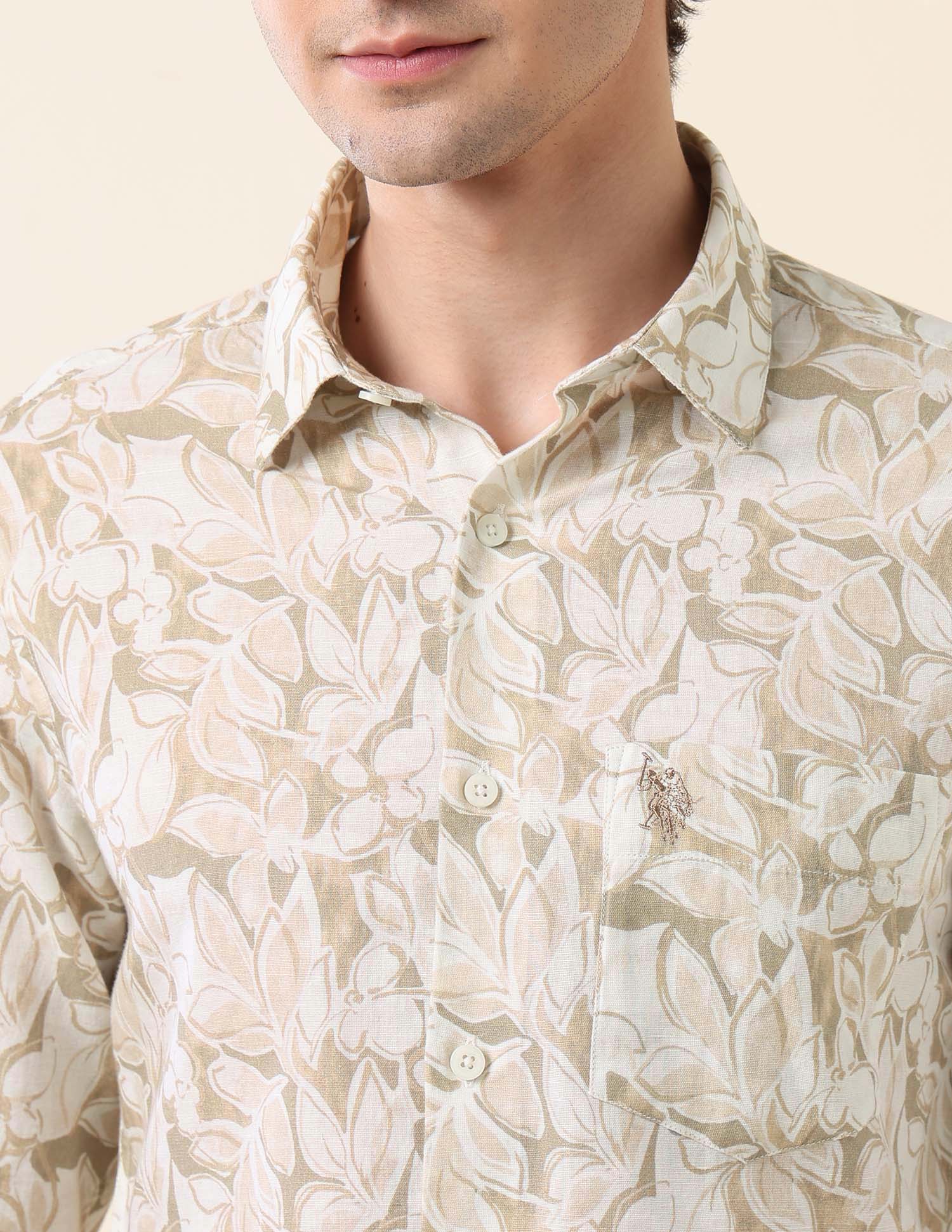 Tropical Printed Tailored Fit Shirt Light Olive - U.S. Polo Assn. India | Large