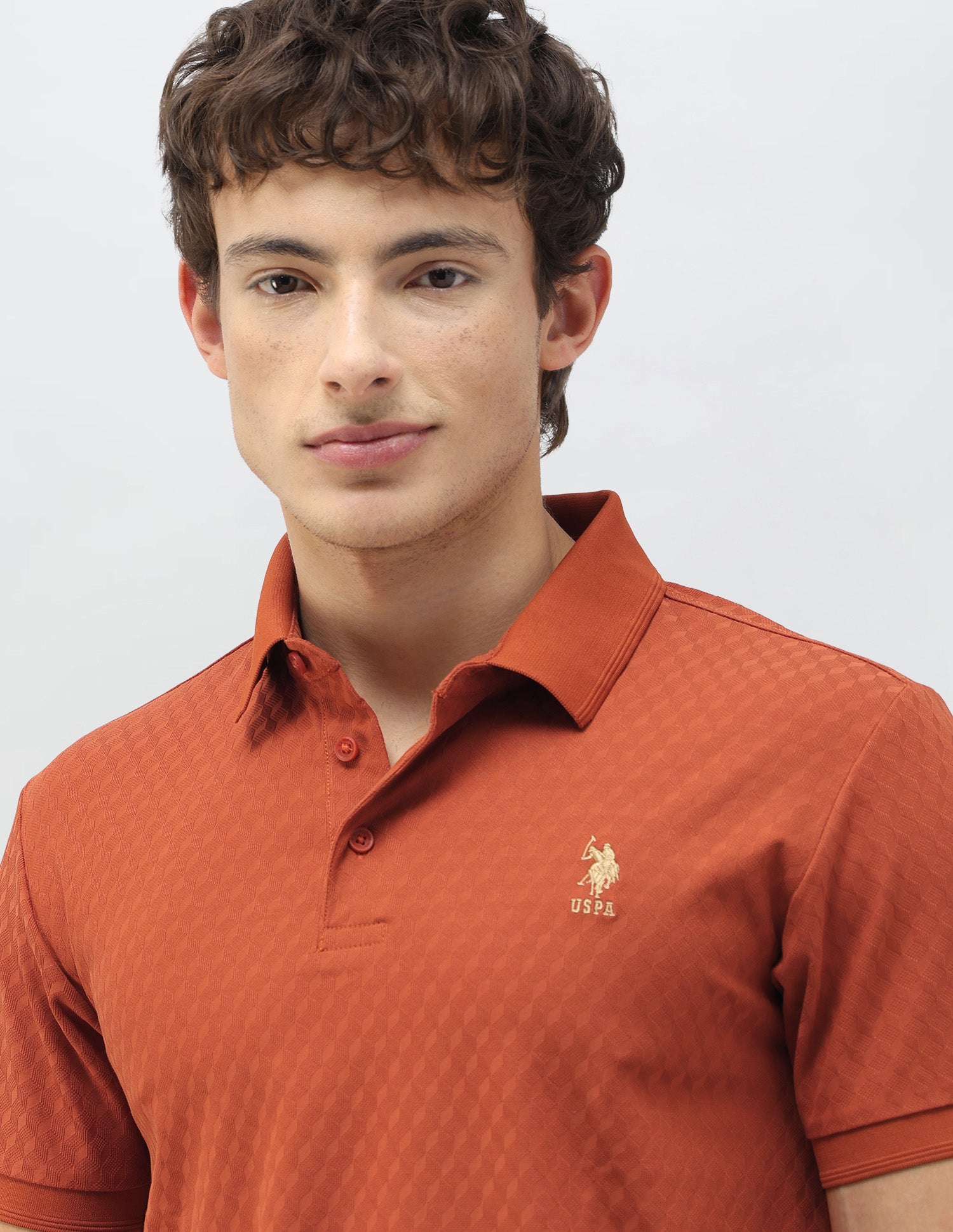 Geometric Patterned Knit Slim Fit Polo Shirt Rust - U.S. Polo Assn. India | Large