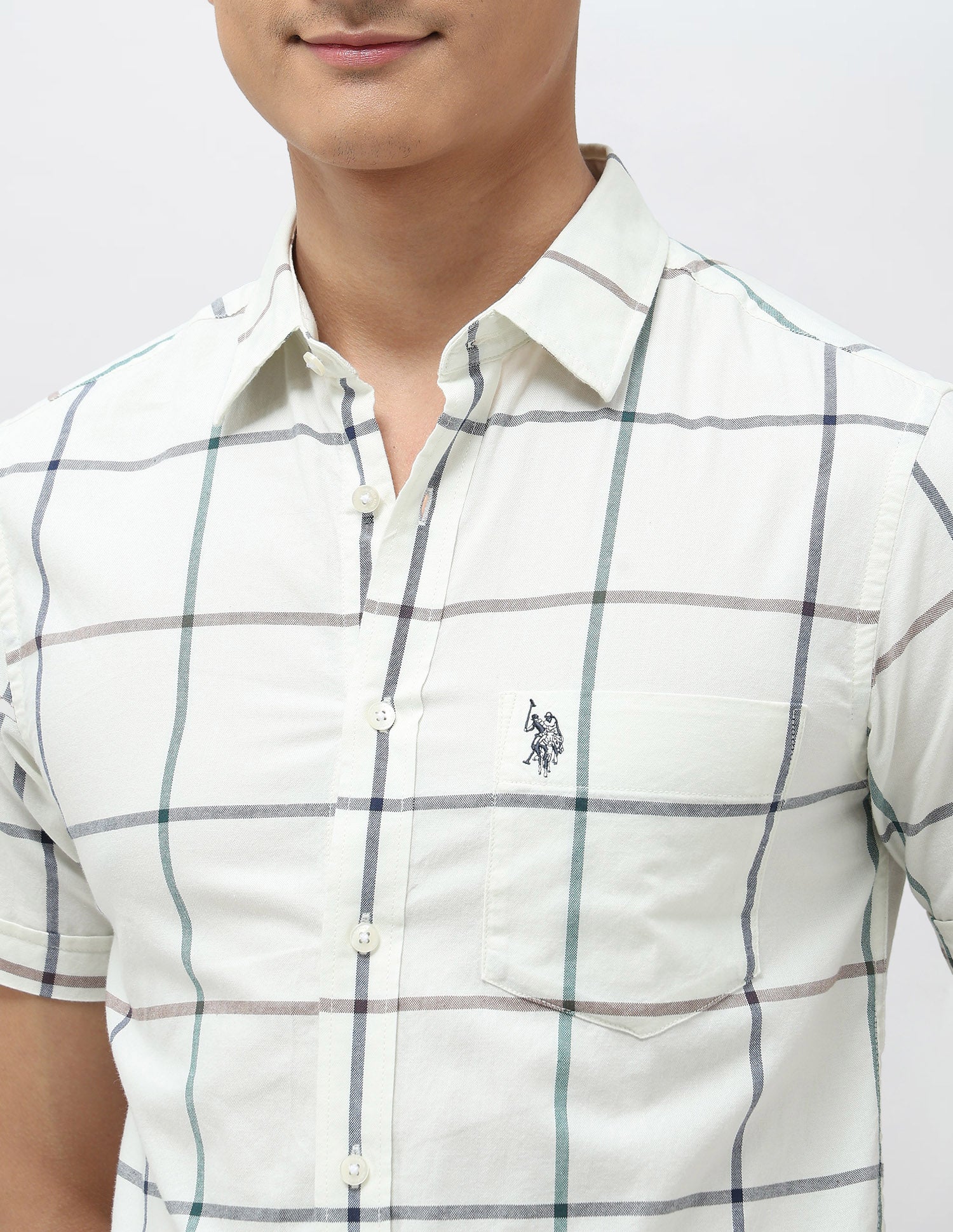 Windowpane Checked Tailored Fit Shirt Ivory - U.S. POLO ASSN. | Large