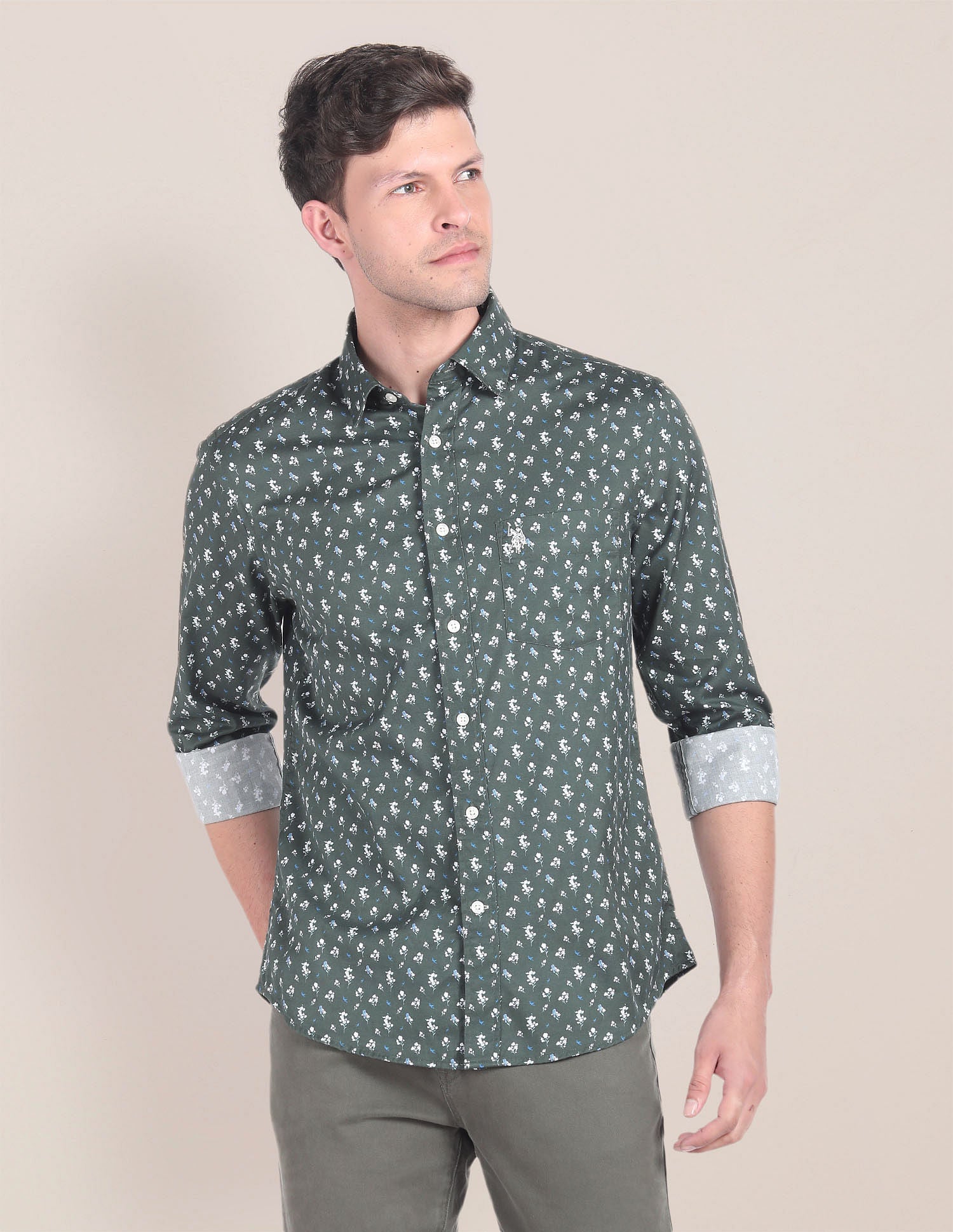 Floral Print Twill Shirt Olive - U.S. Polo Assn. India | Large