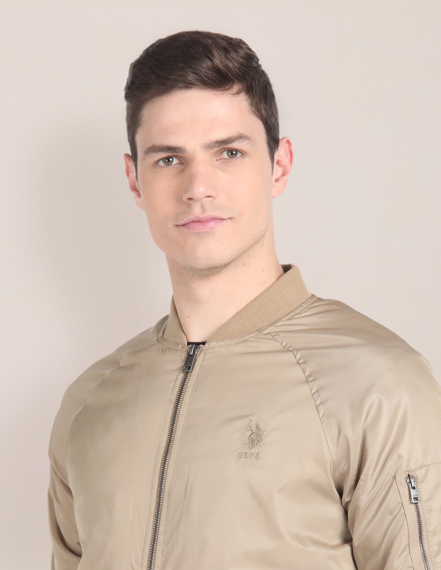 Solid Stand Collar Bomber Jacket Beige - U.S. Polo Assn. India | Large