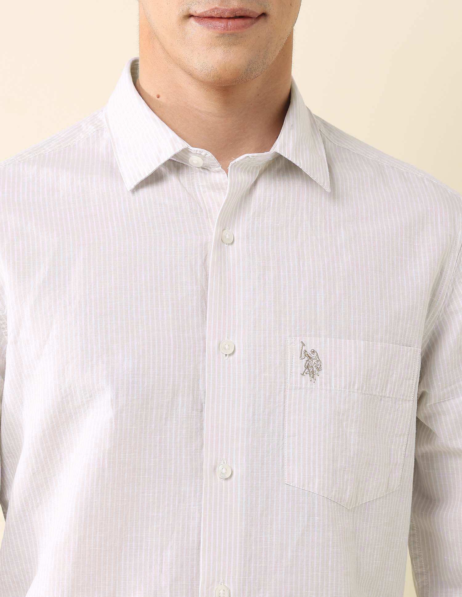 Vertical Striped Tailored Fit Shirt Beige - U.S. Polo Assn. India | Large