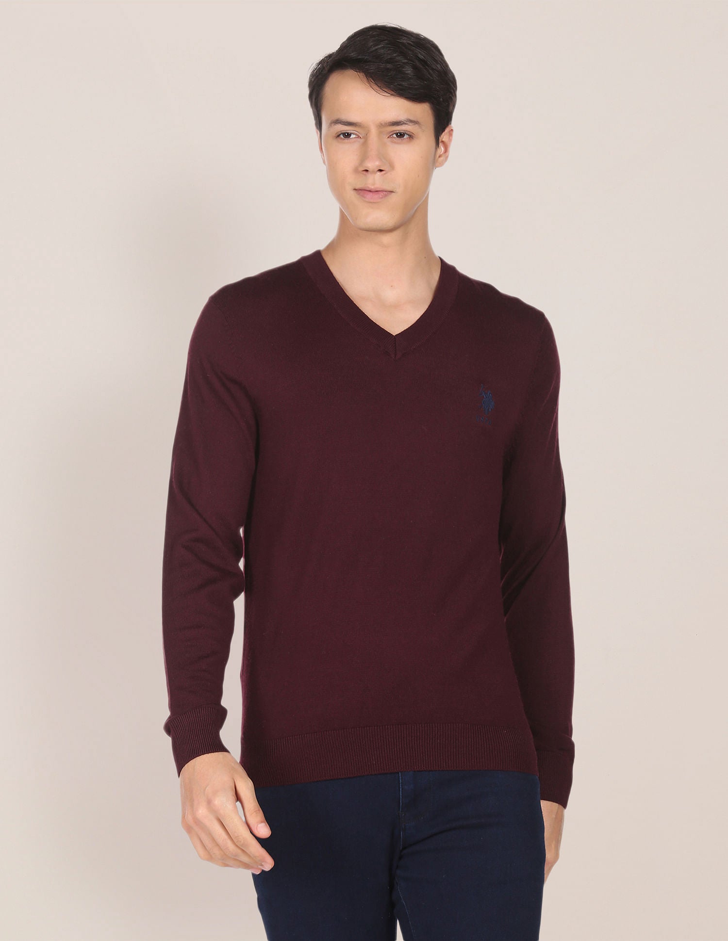 V-Neck Long Sleeve Sweater Maroon - U.S. Polo Assn. India | Large