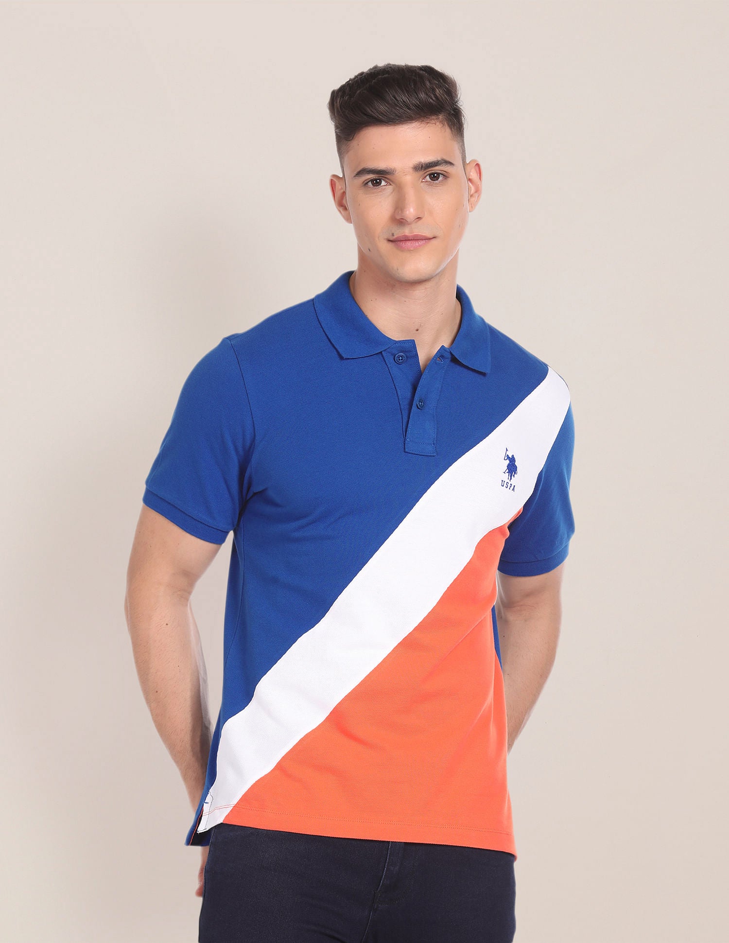 Colour Blocked Cotton Polo Shirt Blue - U.S. Polo Assn. India | Large