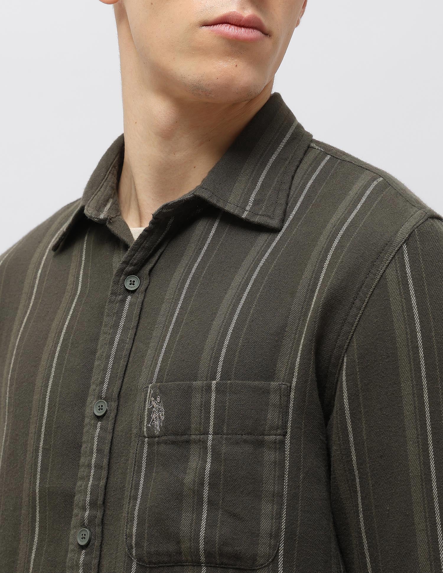 Vertical Striped Self Design Twill Shirt Olive - U.S. POLO ASSN. | Large