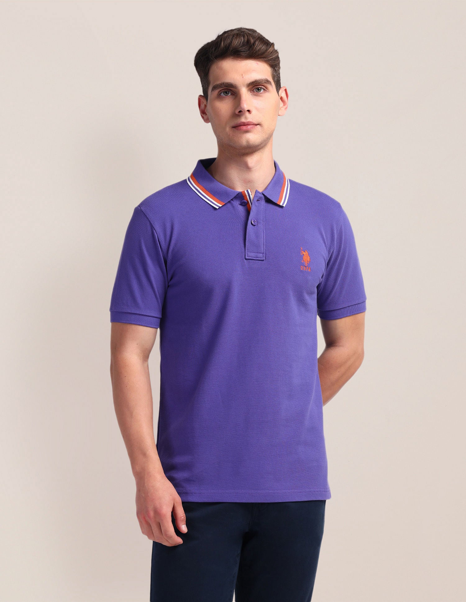 Tipped Collar Slim Polo Shirt Purple - U.S. Polo Assn. India | Large