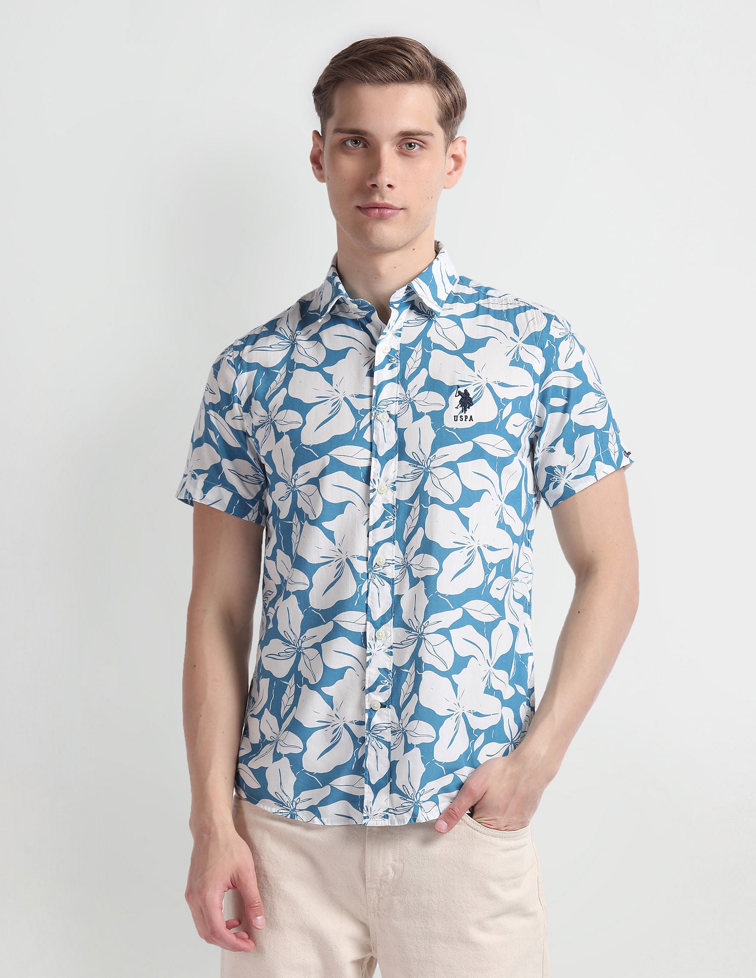Floral Print Cotton Shirt Blue - U.S. Polo Assn. India | Large