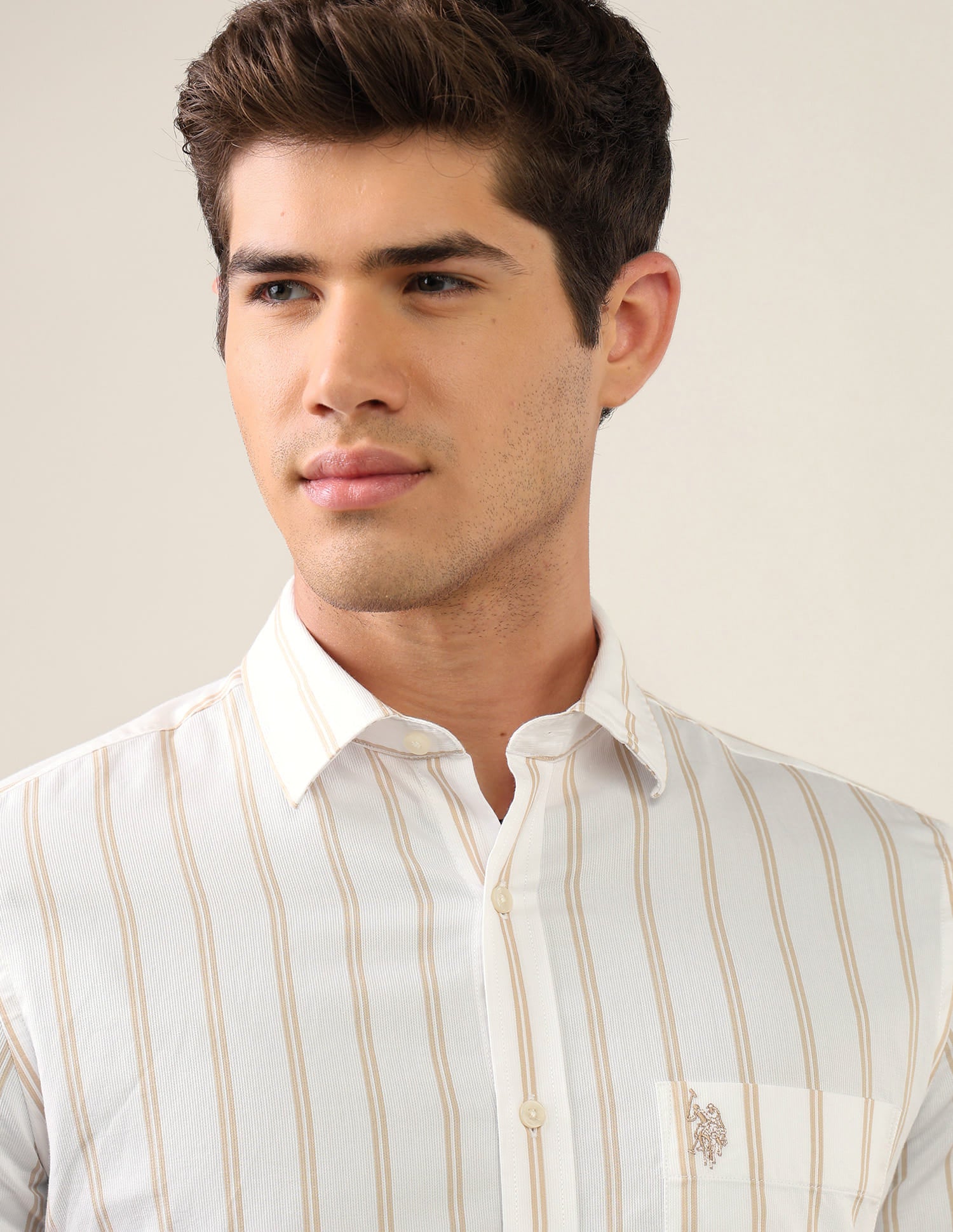 Vertical Striped Tailored Fit Shirt Beige - U.S. Polo Assn. India | Large