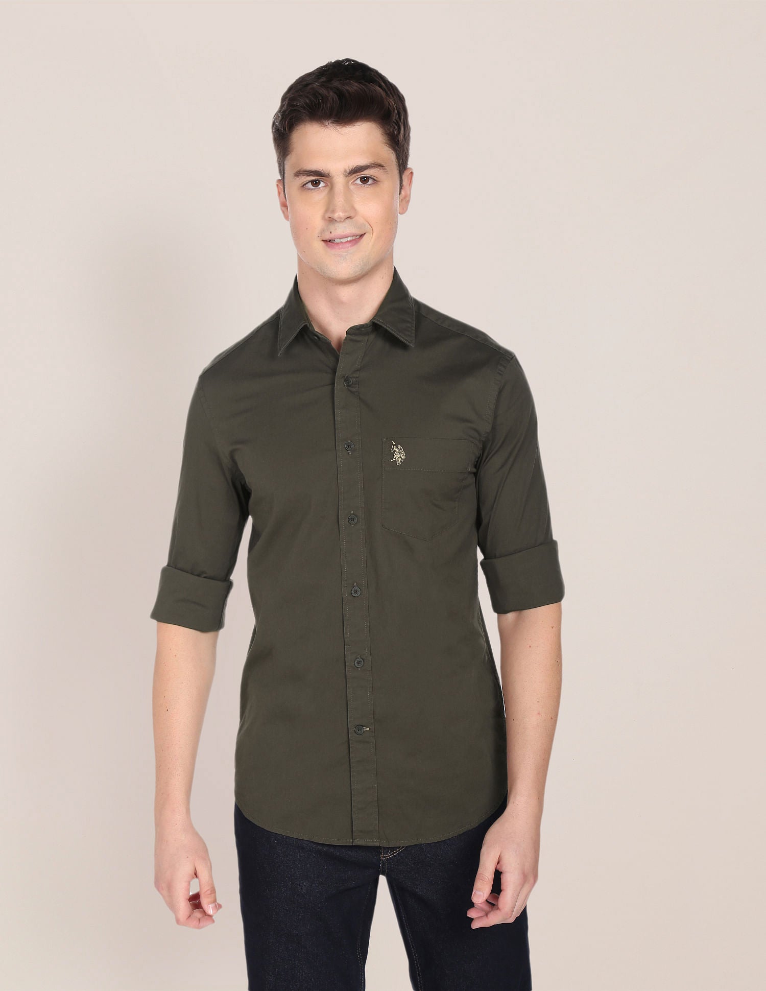 Slim Fit Solid Casual Shirt Dark Olive - U.S. Polo Assn. India | Large