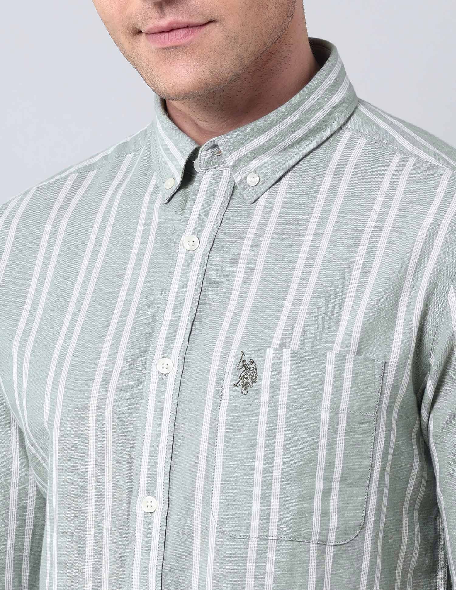 Vertical Striped Regular Fit Shirt Light Green - U.S. Polo Assn. India | Large