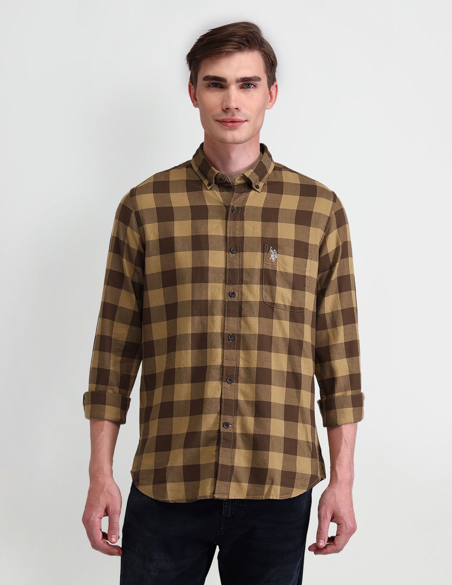 Buffalo Checked Straight Fit Shirt Khaki - U.S. Polo Assn. India | Large