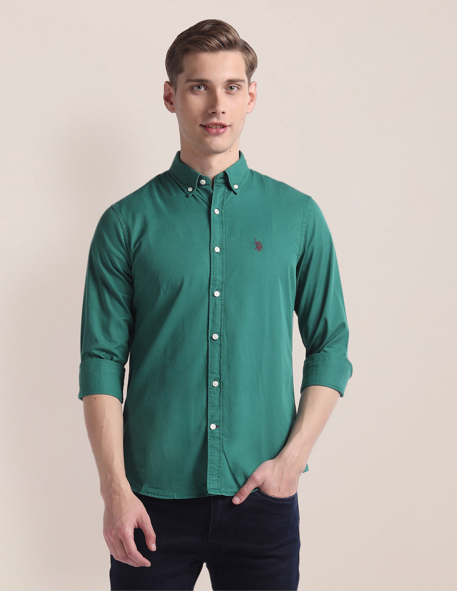 Button Down Collar Dyed Shirt Dark Green - U.S. Polo Assn. India | Large