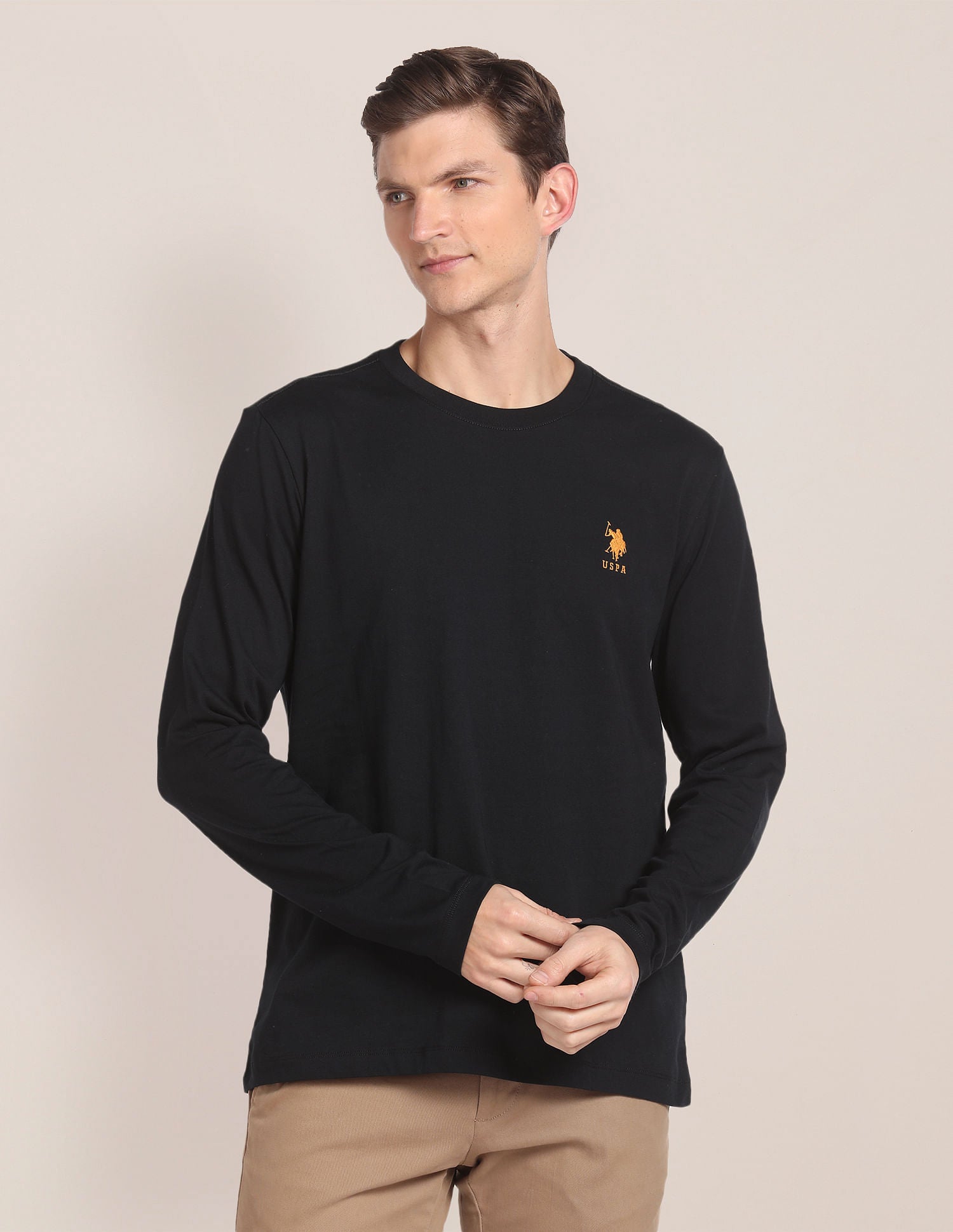 Men Black Crew Neck Long Sleeve T-Shirt Black - U.S. Polo Assn. India | Large