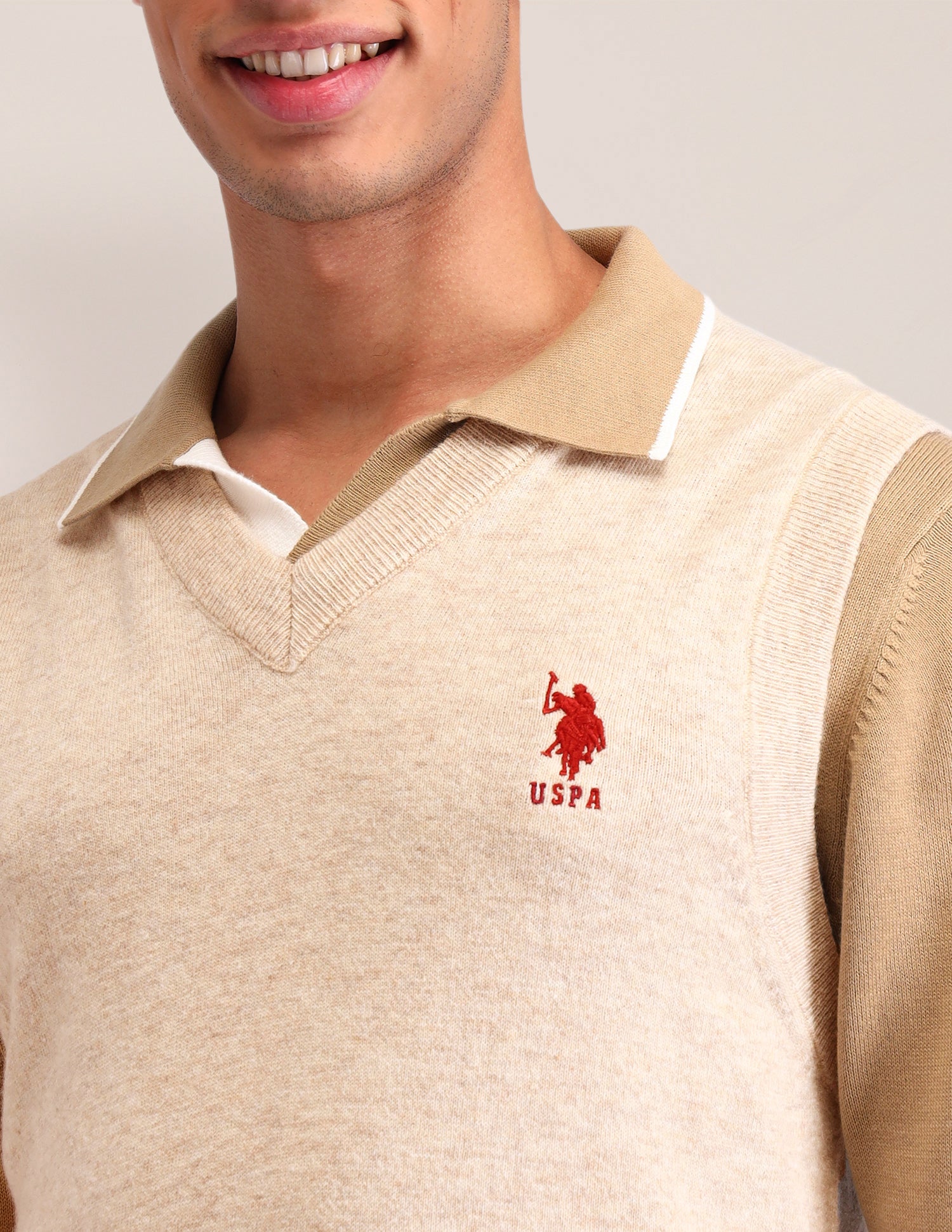 Textured Regular Fit Sweater Beige - U.S. Polo Assn. India | Large