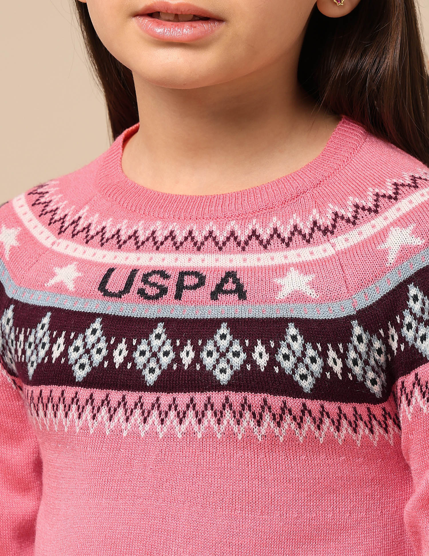 Girls Geometric Patterned Knit Sweater Pink - U.S. POLO ASSN. | Large