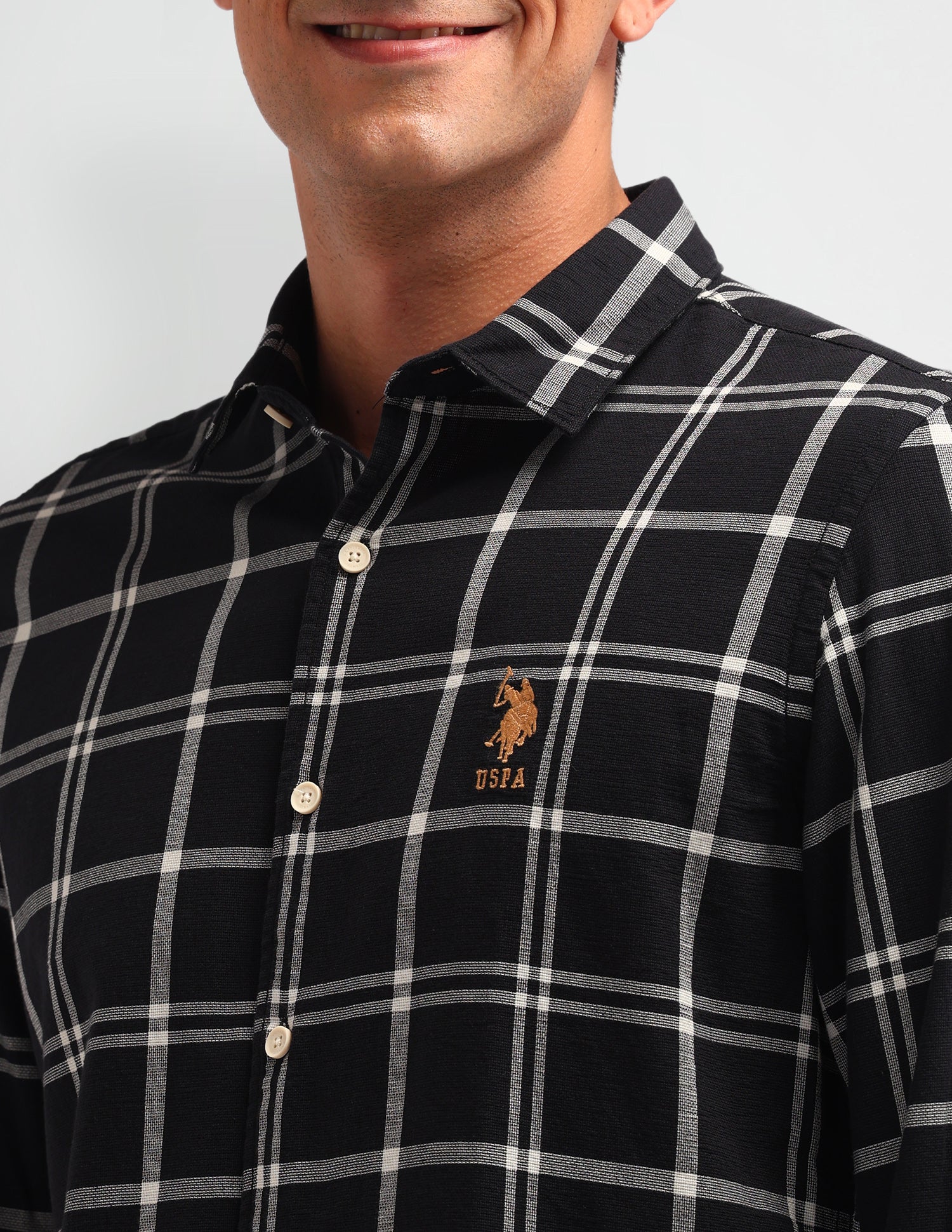 Windowpane Check Printed Slim Fit Shirt Black - U.S. Polo Assn. India | Large