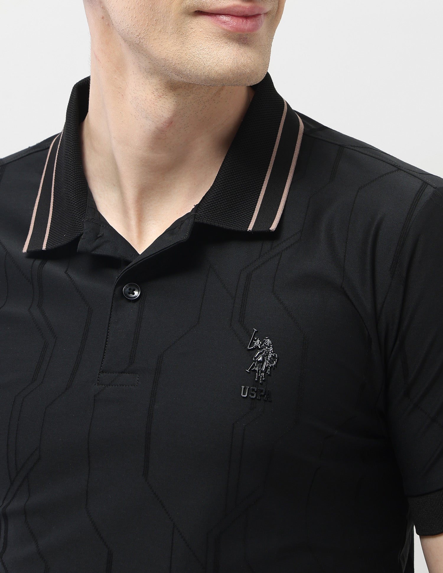 Textured Geometric Slim Fit Black & Gold Polo Shirt Black - U.S. Polo Assn. India | Large