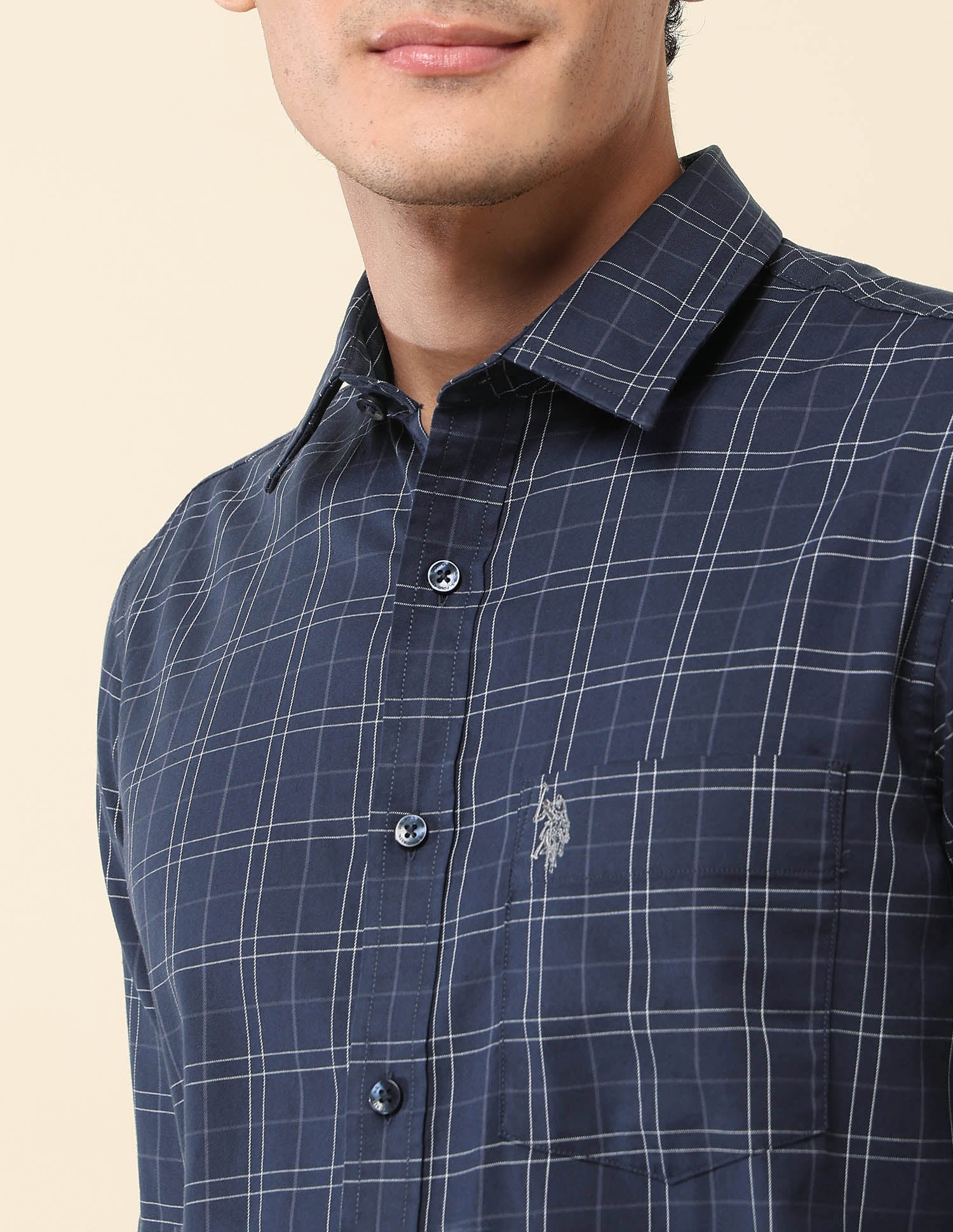 Grid Tattersall Checked Tailored Fit Shirt Navy - U.S. Polo Assn. India | Large