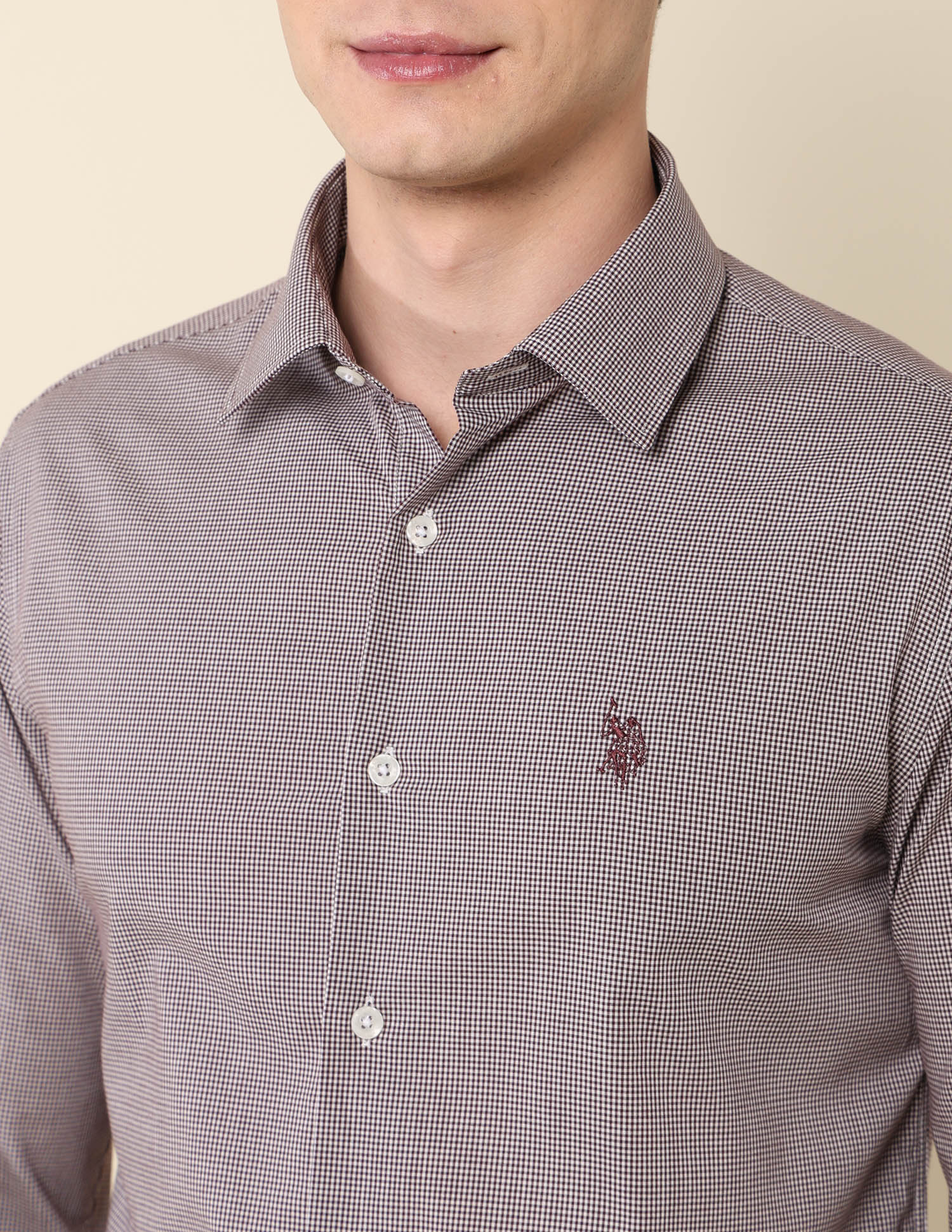 Micro Checked Tailored Fit Shirt Burgundy - U.S. Polo Assn. India | Large