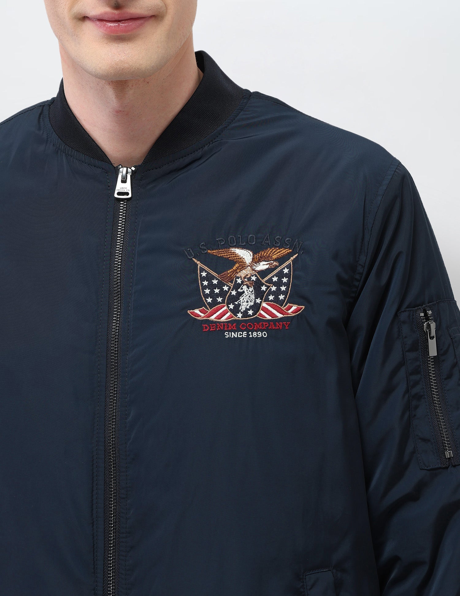 Solid Regular Fit Bomber Jacket Navy - U.S. Polo Assn. India | Large