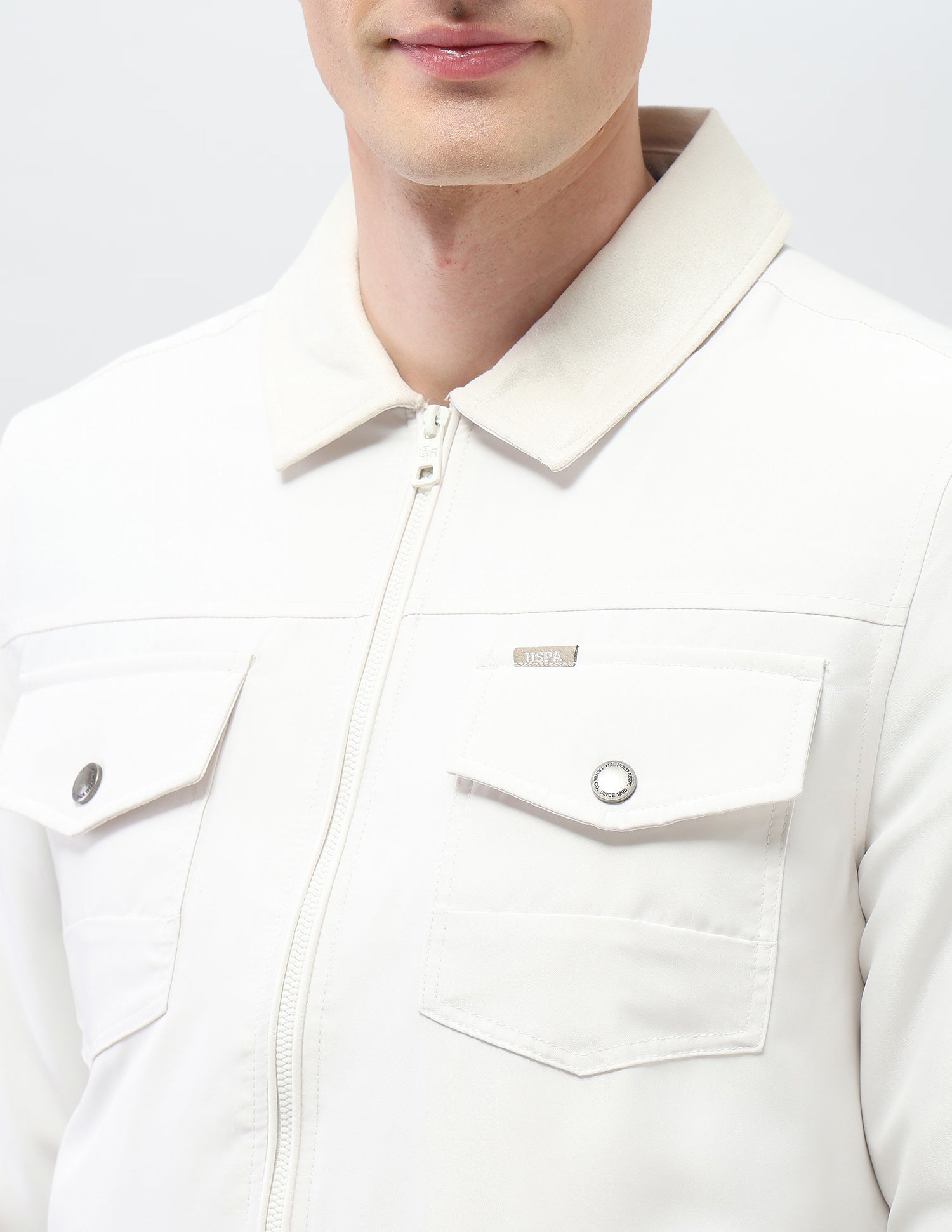 Solid Regular Fit Jacket Off White - U.S. Polo Assn. India | Large