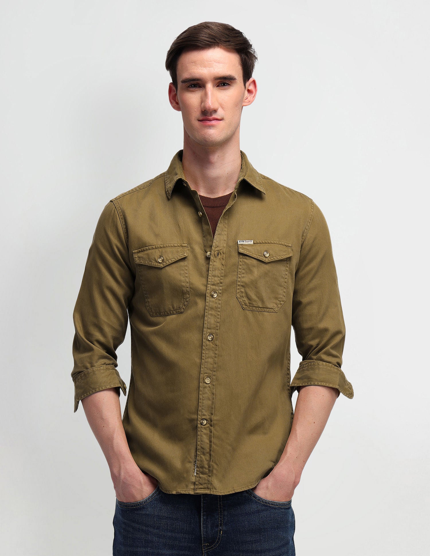 Solid Slim Fit Shirt Khaki - U.S. Polo Assn. India | Large