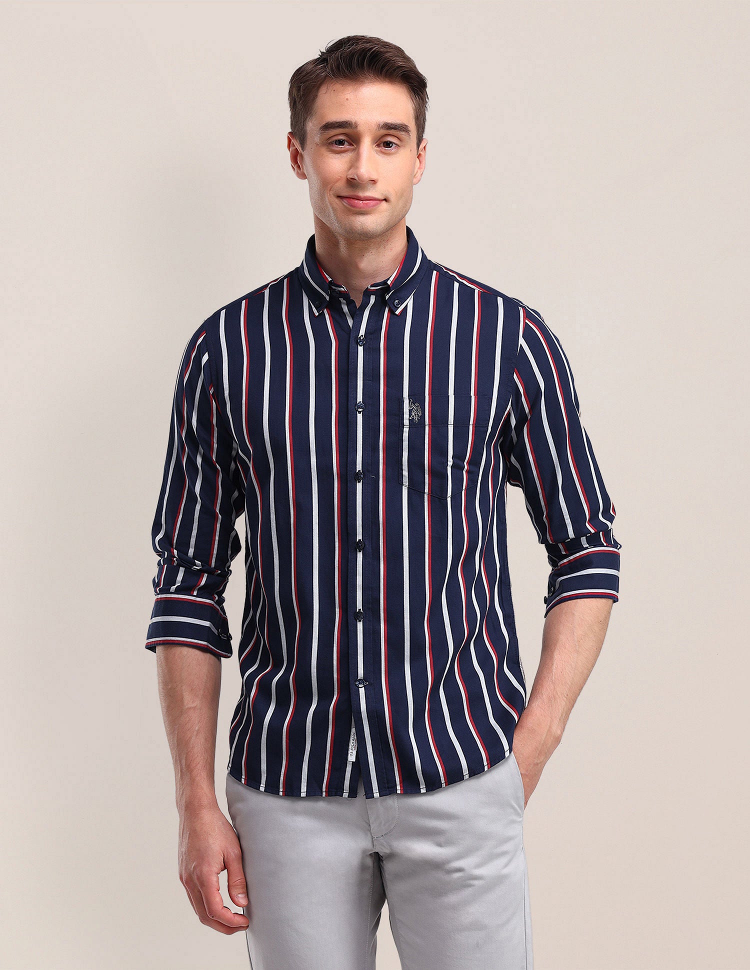 Tailored Fit Cotton Striped Shirt Blue - U.S. Polo Assn. India | Large