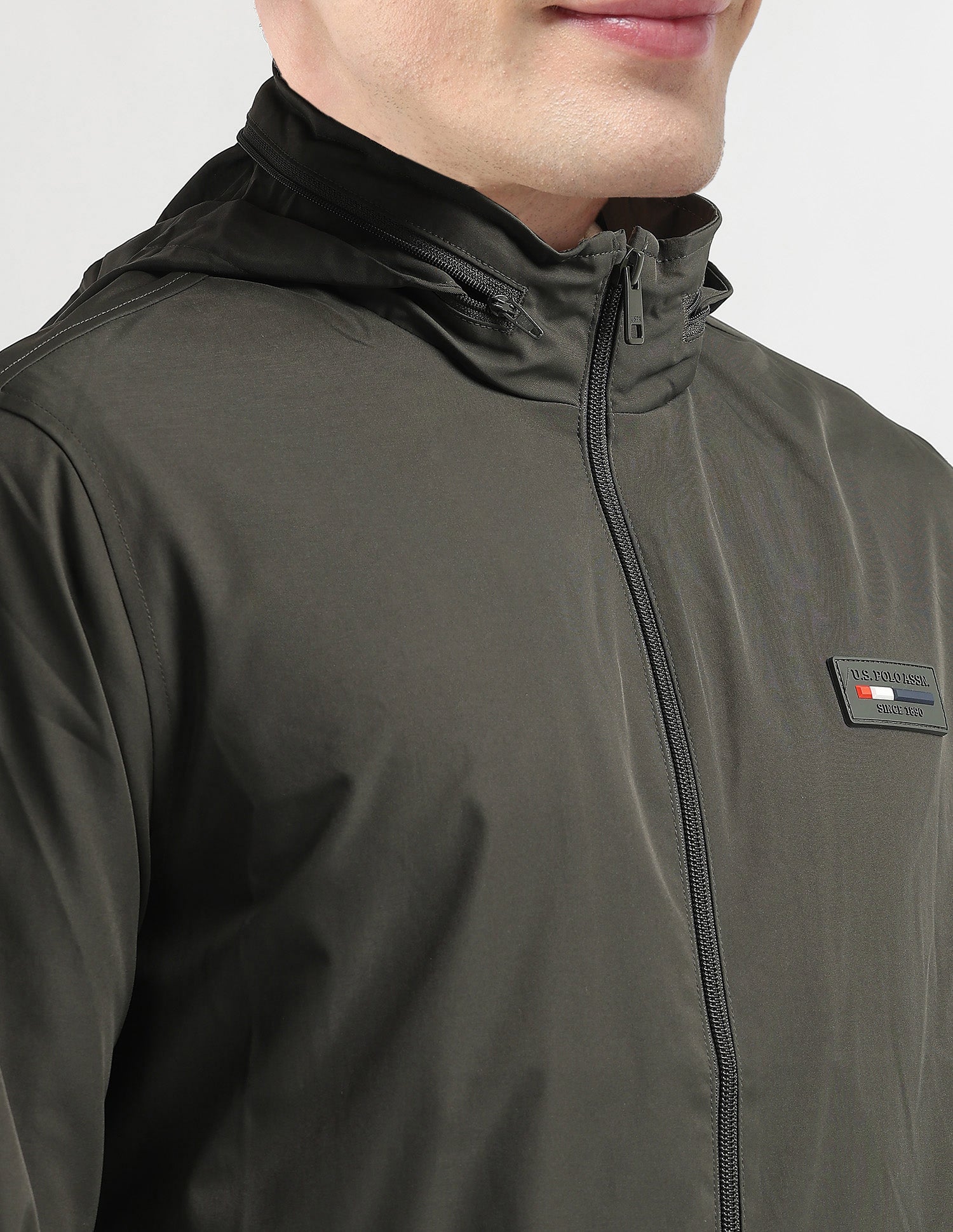 Regular Fit Solid Packable Hood Jacket Dark Olive - U.S. Polo Assn. India | Large