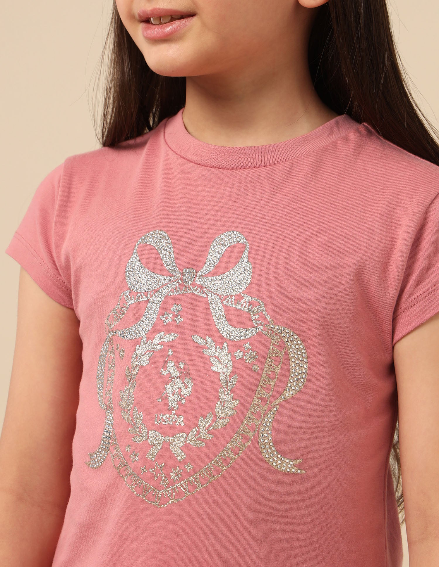 Girls Embellised Metallic Brand Printed Top Pink - U.S. POLO ASSN. | Large