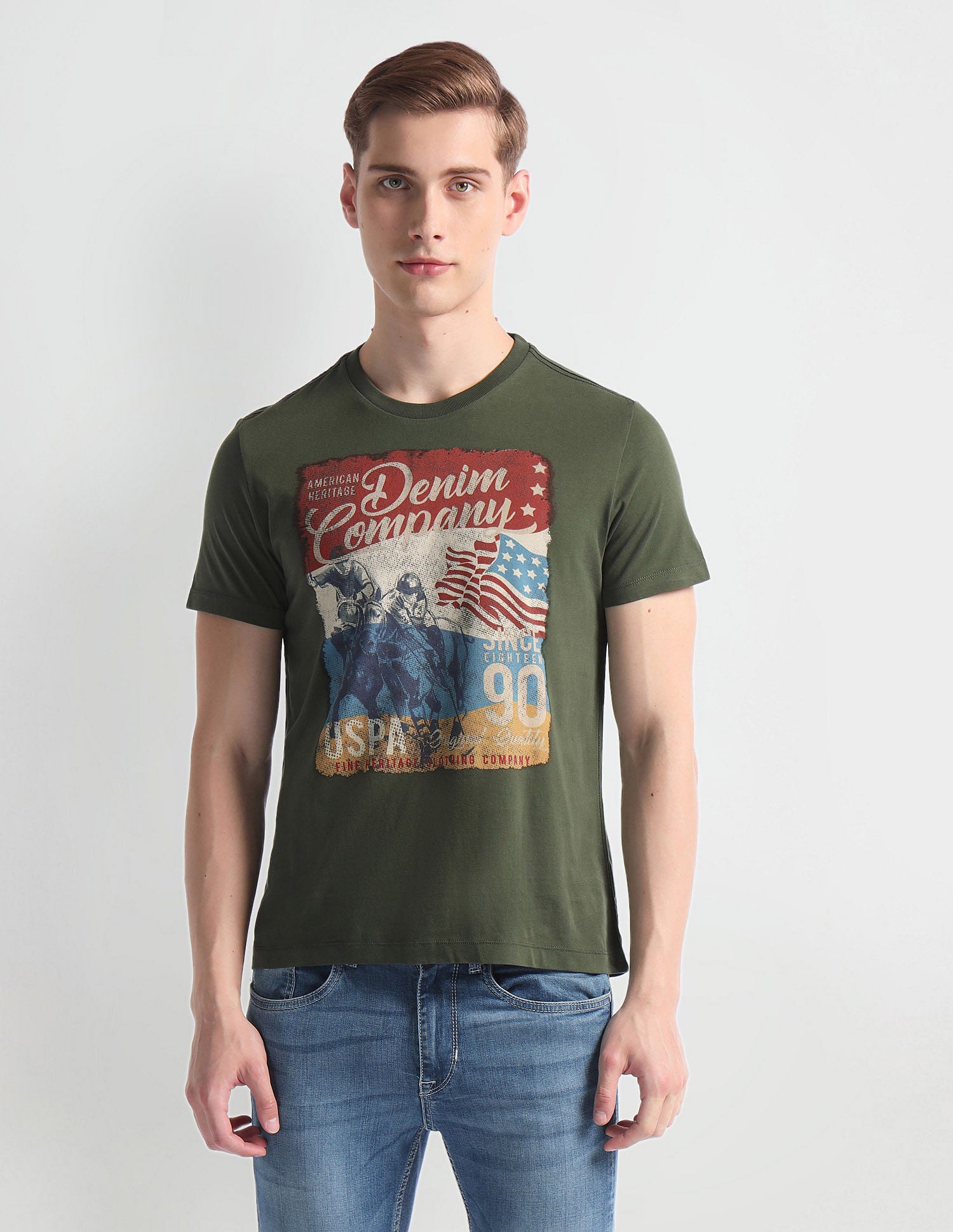 Crew Neck Brand Print T-Shirt Olive - U.S. Polo Assn. India | Large