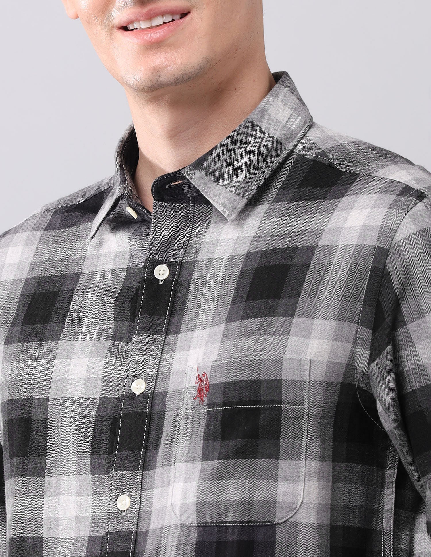 Tartan Checked Herringbone Shirt Grey - U.S. POLO ASSN. | Large