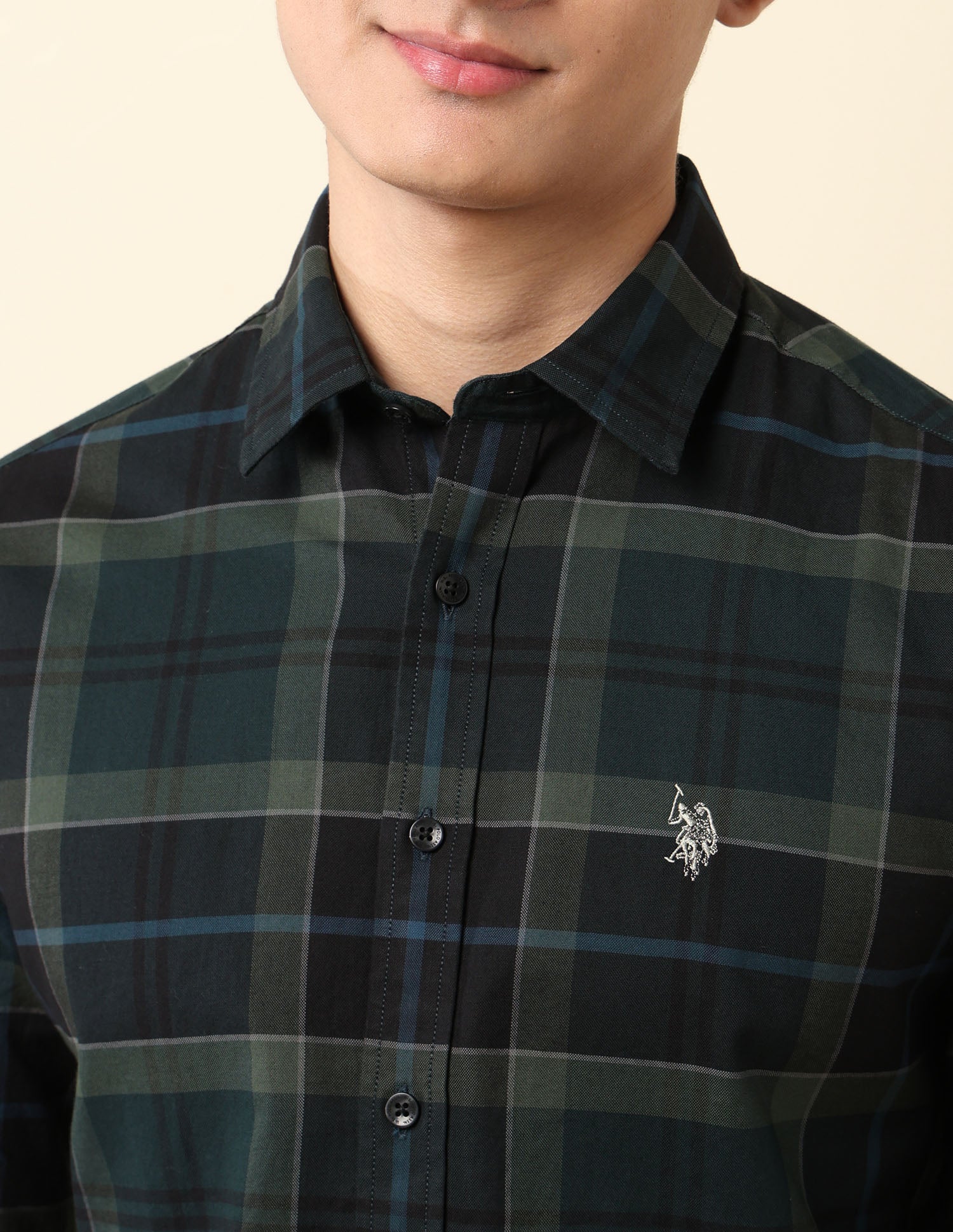 Pure Cotton Tailored Fit Dobby Shirt Dark Green - U.S. Polo Assn. India | Large