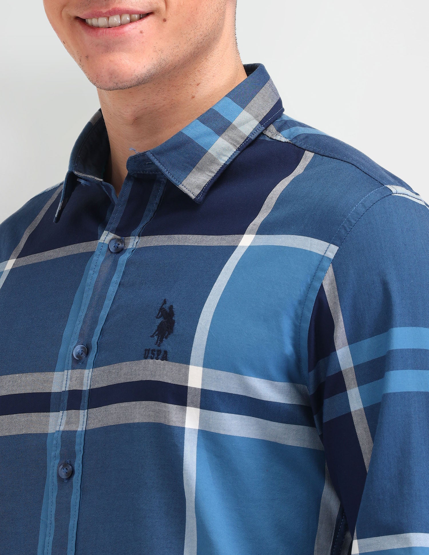 Grid Tattersall Checked Slim Fit Shirt Blue - U.S. Polo Assn. India | Large