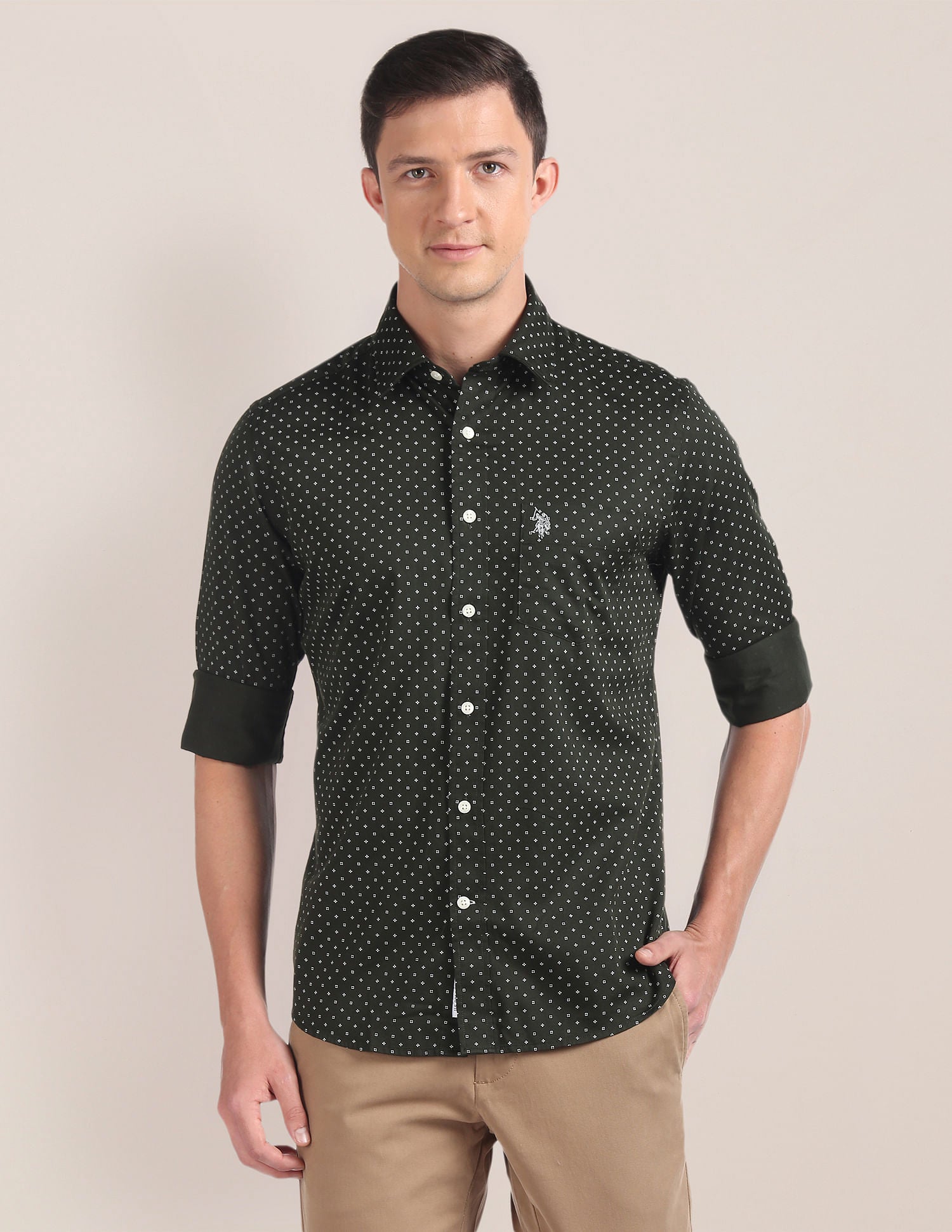 Geometric Print Cotton Casual Shirt Dark Olive - U.S. POLO ASSN. | Large