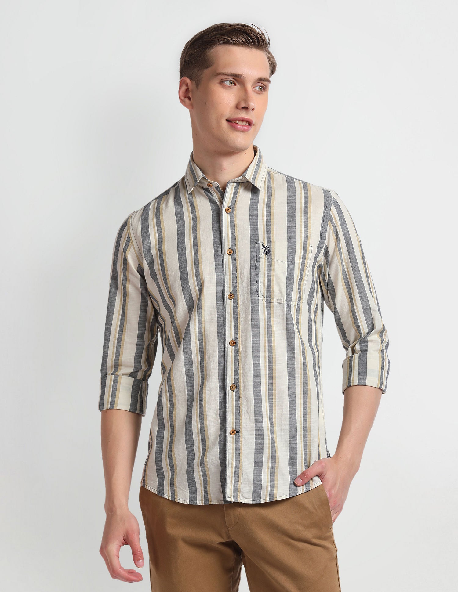 Vertical Stripe Cotton Shirt Off White - U.S. Polo Assn. India | Large