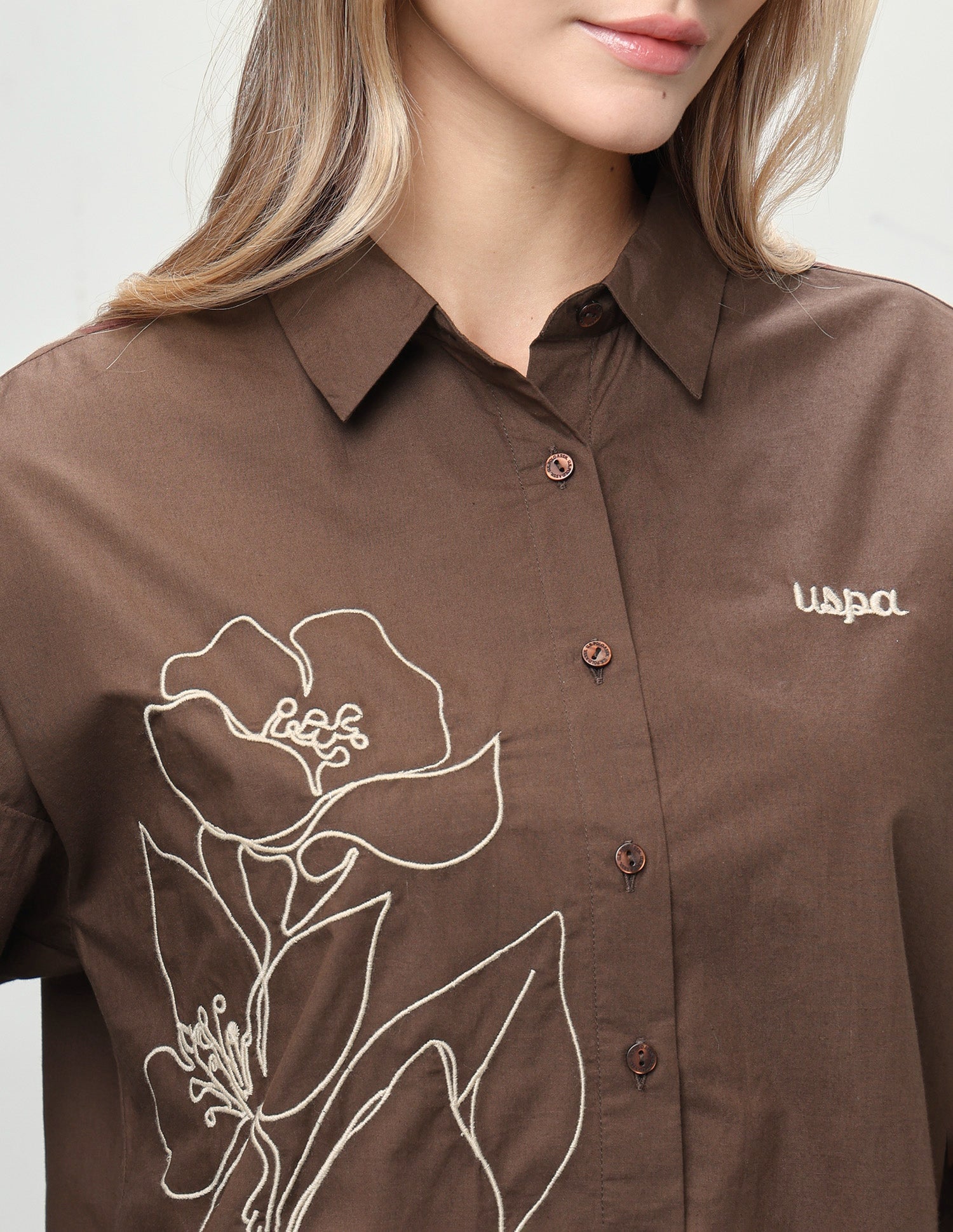Floral Embroidered Oversized Fit Shirt Brown - U.S. Polo Assn. India | Large