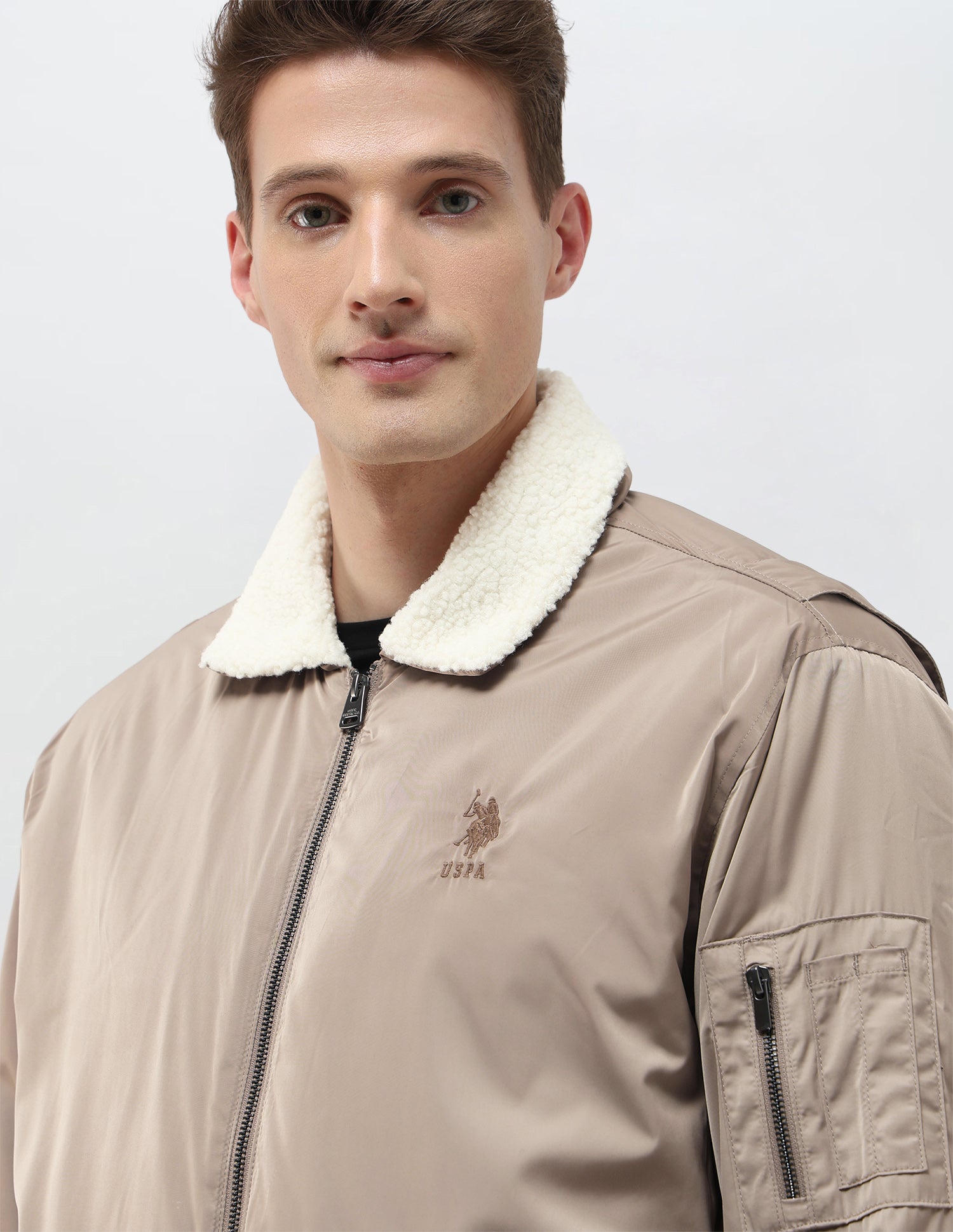 Solid Regular Fit Bomber Jacket Coffee - U.S. Polo Assn. India | Large
