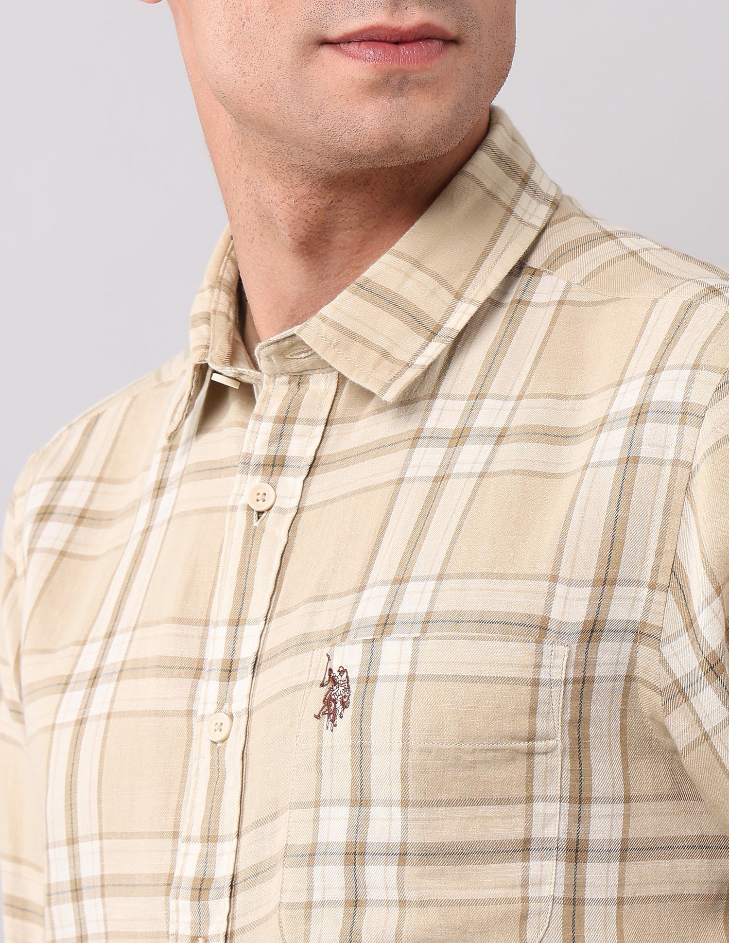 Plaid Checked Pure Cotton Shirt Dark Beige - U.S. Polo Assn. India | Large