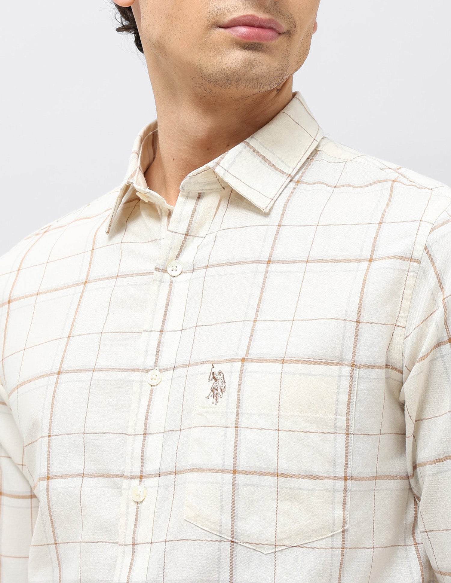 Windowpane Checked Tailored Fit Shirt Ivory - U.S. POLO ASSN. | Large