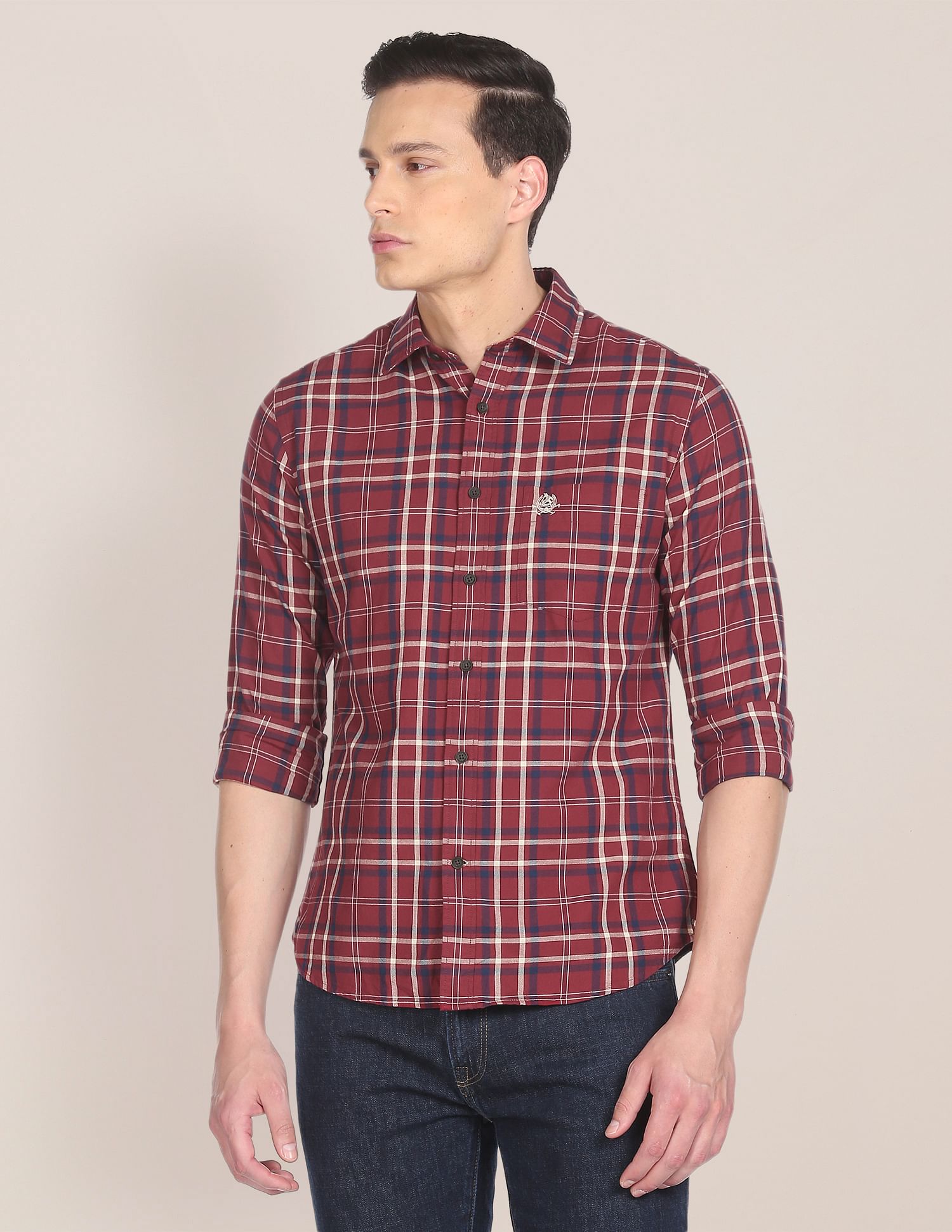 Men Maroon Regular Fit Check Casual Shirt Maroon - U.S. POLO ASSN. | Large