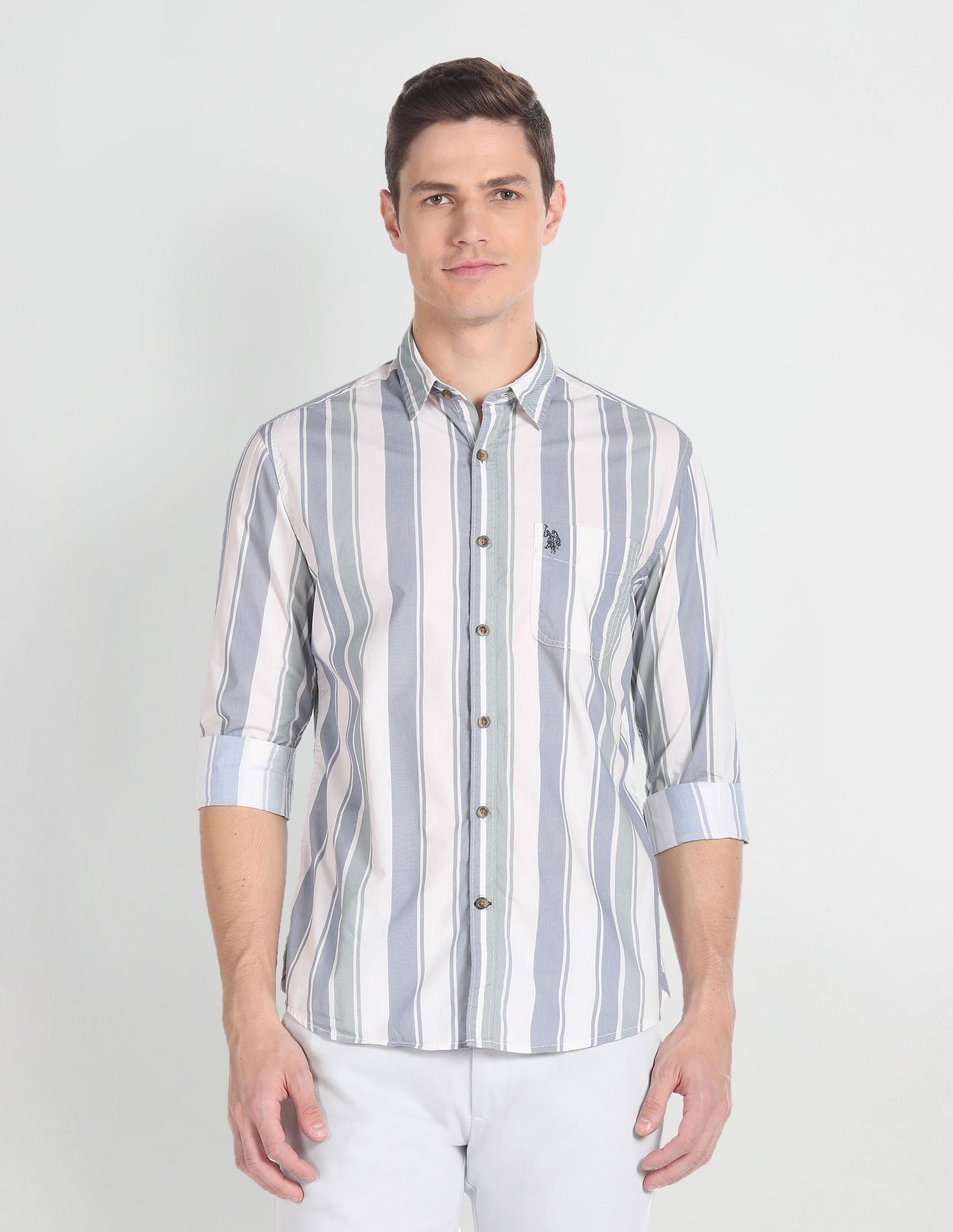 Vertical Stripe Cotton Shirt Ecru, Blue and Green - U.S. POLO ASSN. | Large