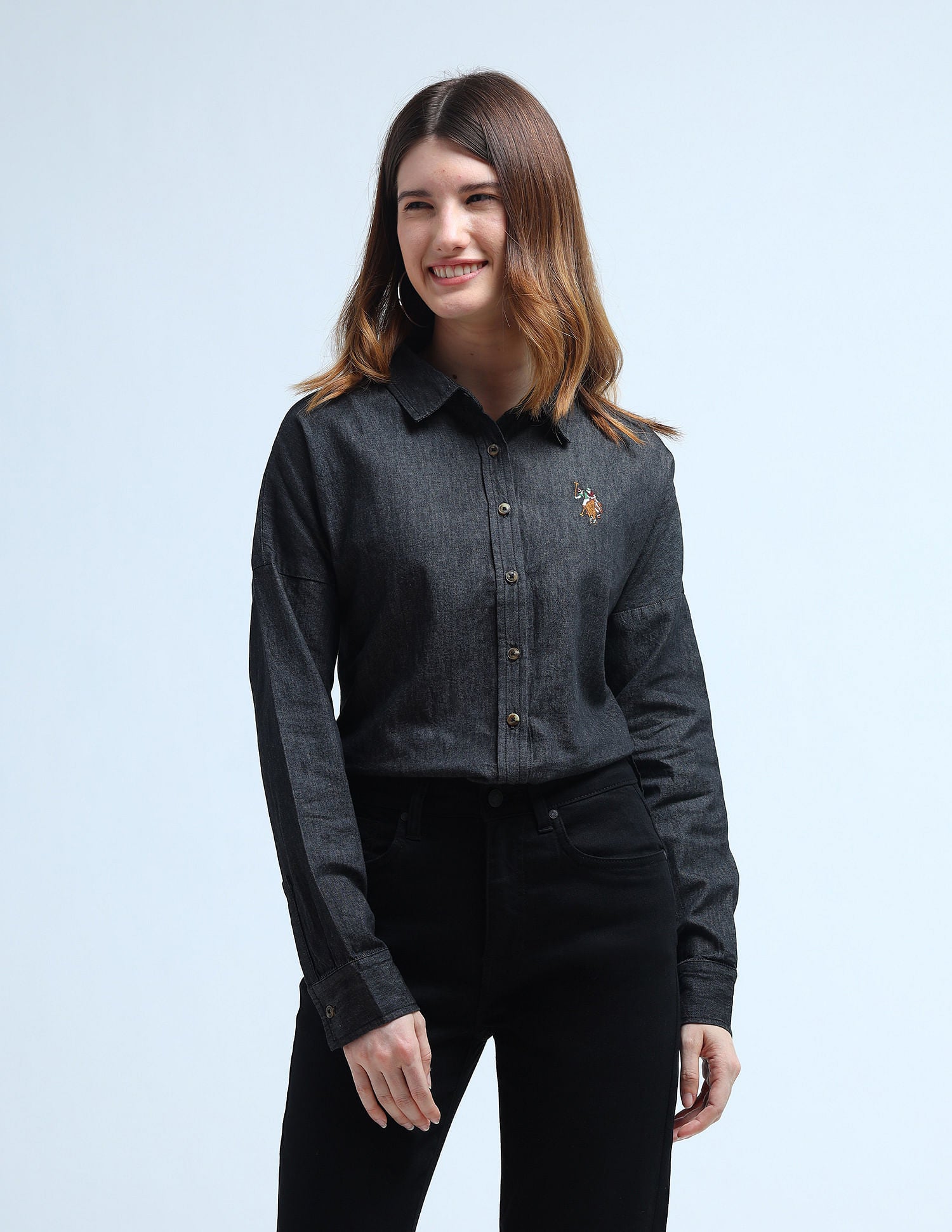 Washed Pattern Loose Denim Shirt Black - U.S. POLO ASSN. | Large