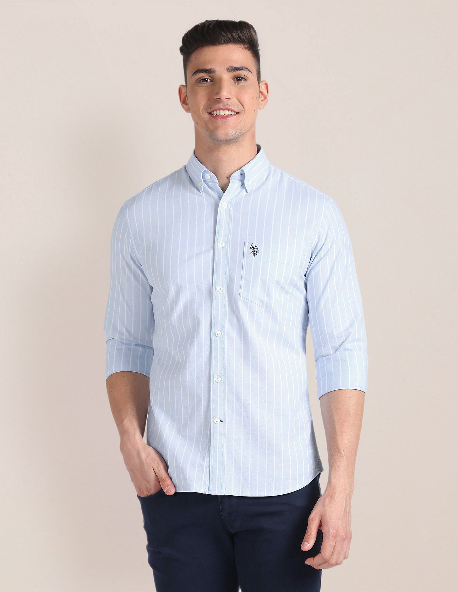 Cotton Stretch Tailored Fit Shirt Blue - U.S. Polo Assn. India | Large